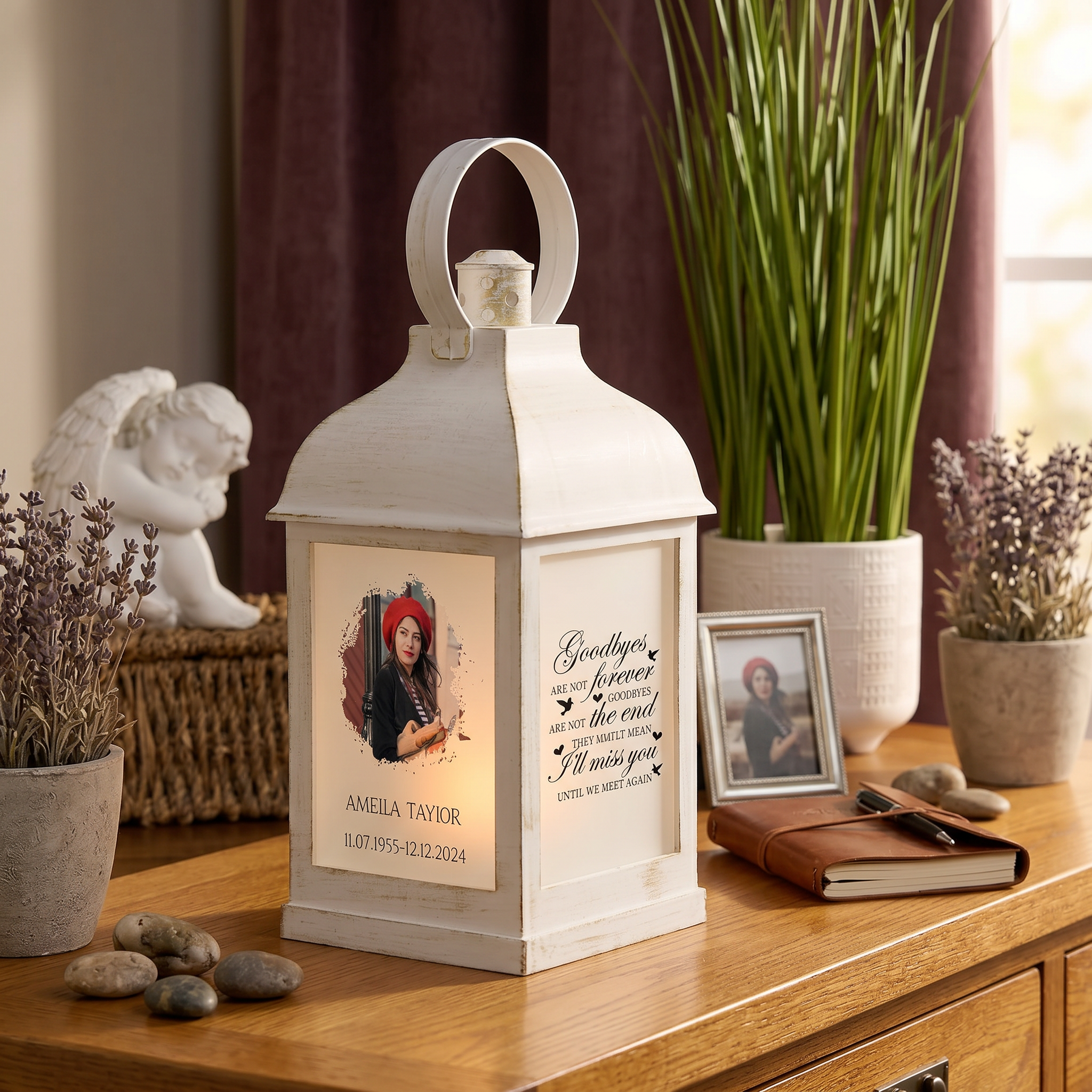 Personalised Memorial Photo Upload Lantern, Memorial Candle, Goodbyes are not forever memorial lantern ukgiftstoreonline