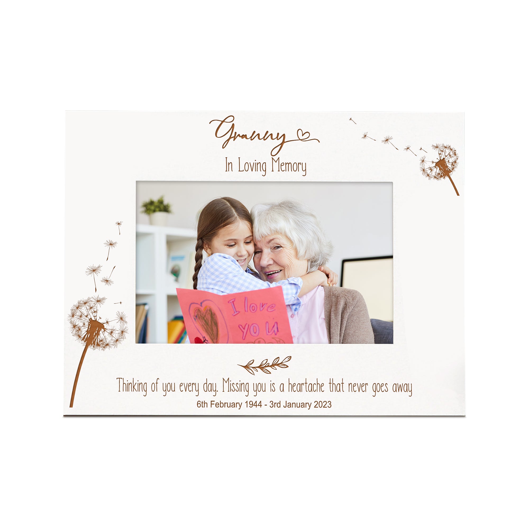 Granny Remembrance White Photo Frame Personalised Landscape With Dandelions Family Photo frame ukgiftstoreonline