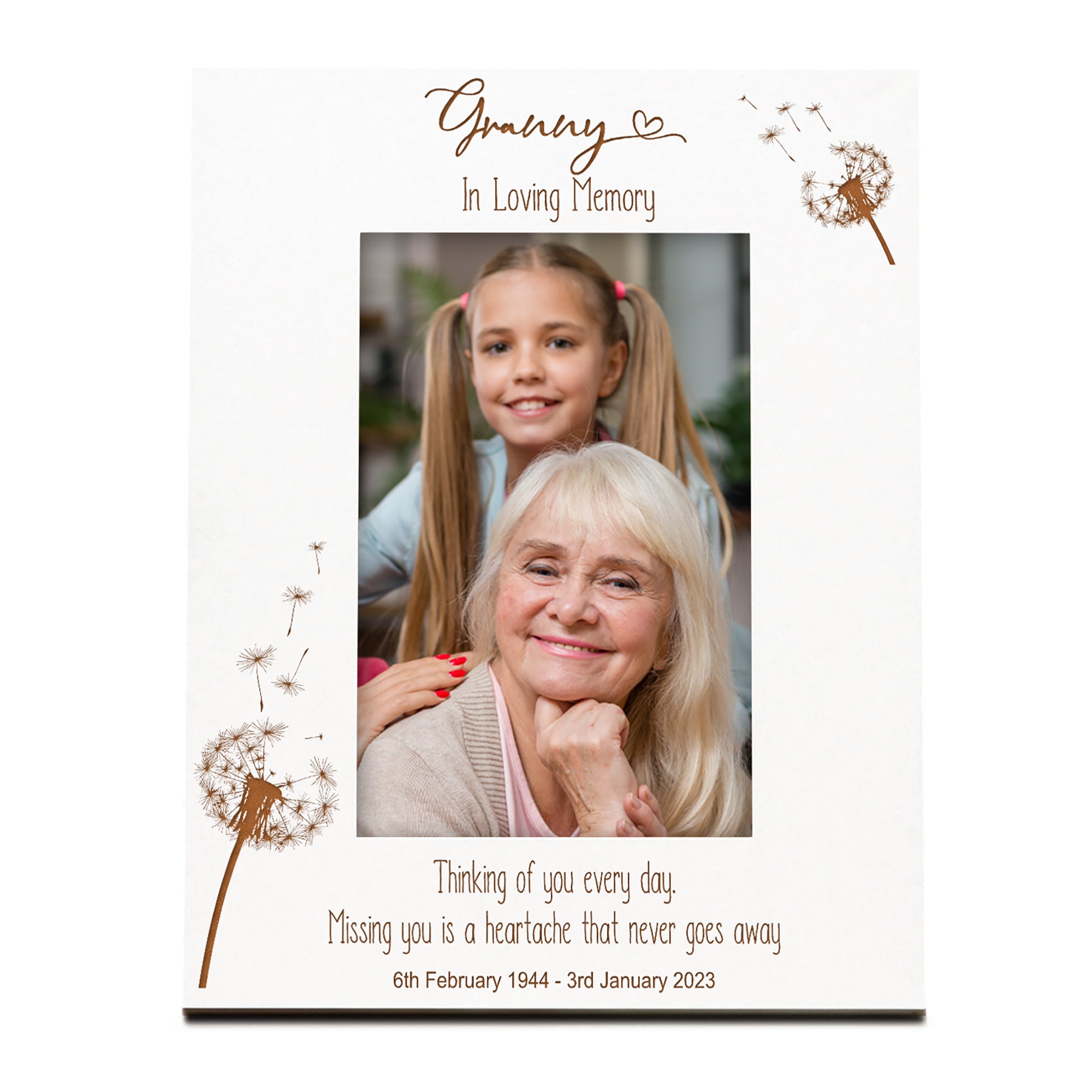 Granny Remembrance White Photo Frame Personalised Portrait With Dandelions Family Photo frame ukgiftstoreonline