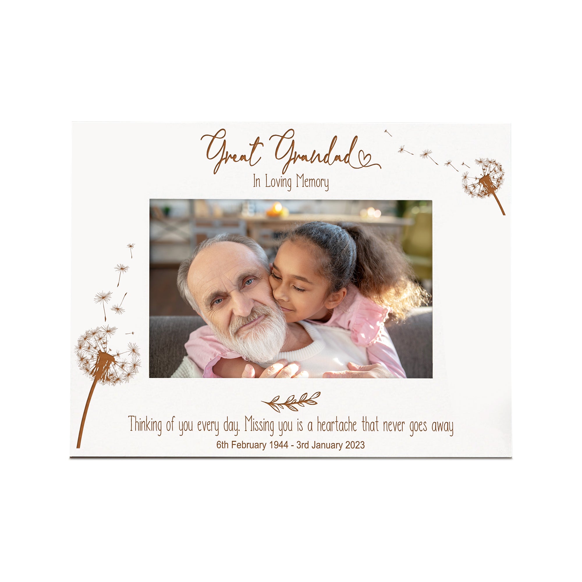 Great Grandad Remembrance White Photo Frame Personalised Landscape With Dandelions Family Photo frame ukgiftstoreonline