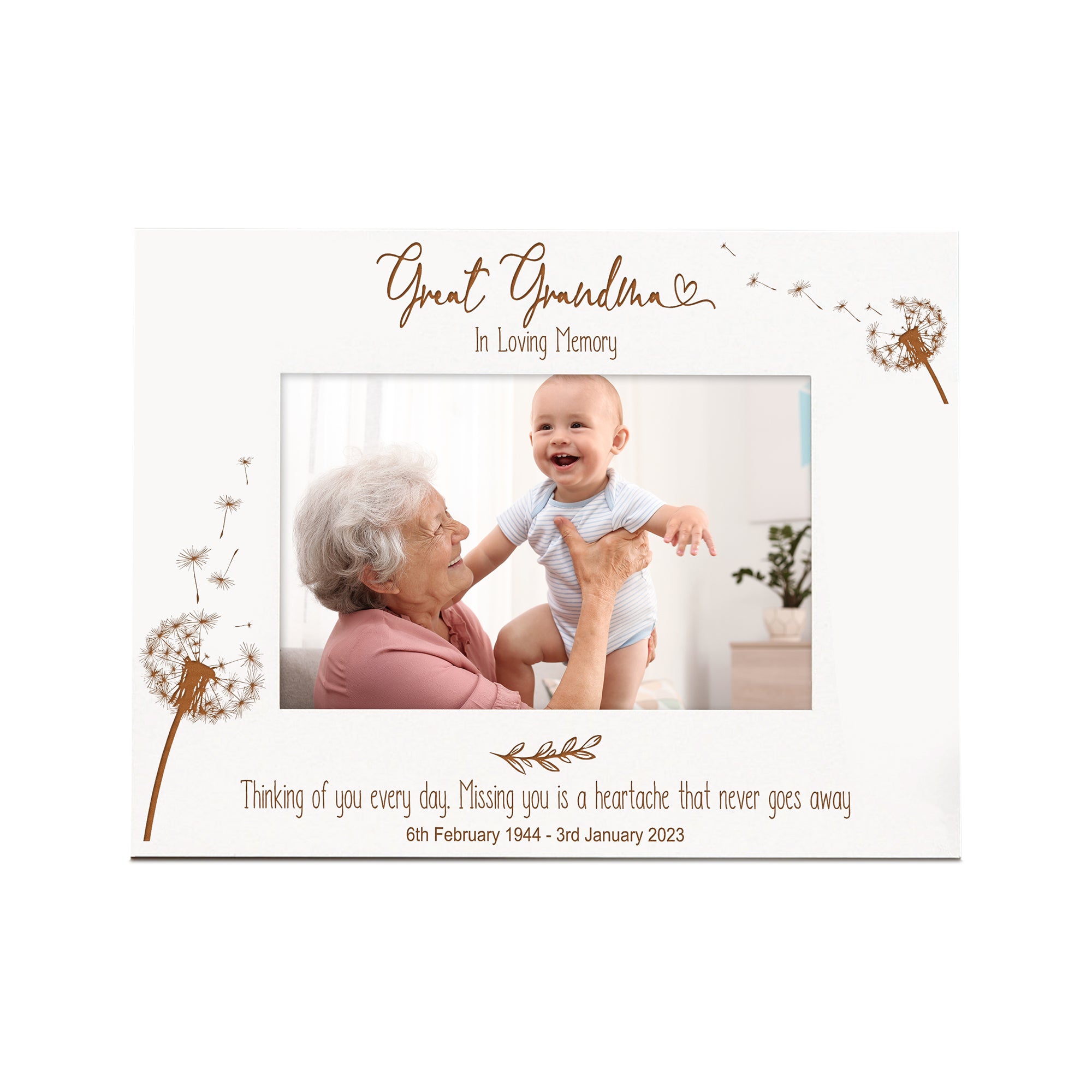 Great Grandma Remembrance White Photo Frame Personalised Landscape With Dandelions Family Photo frame ukgiftstoreonline
