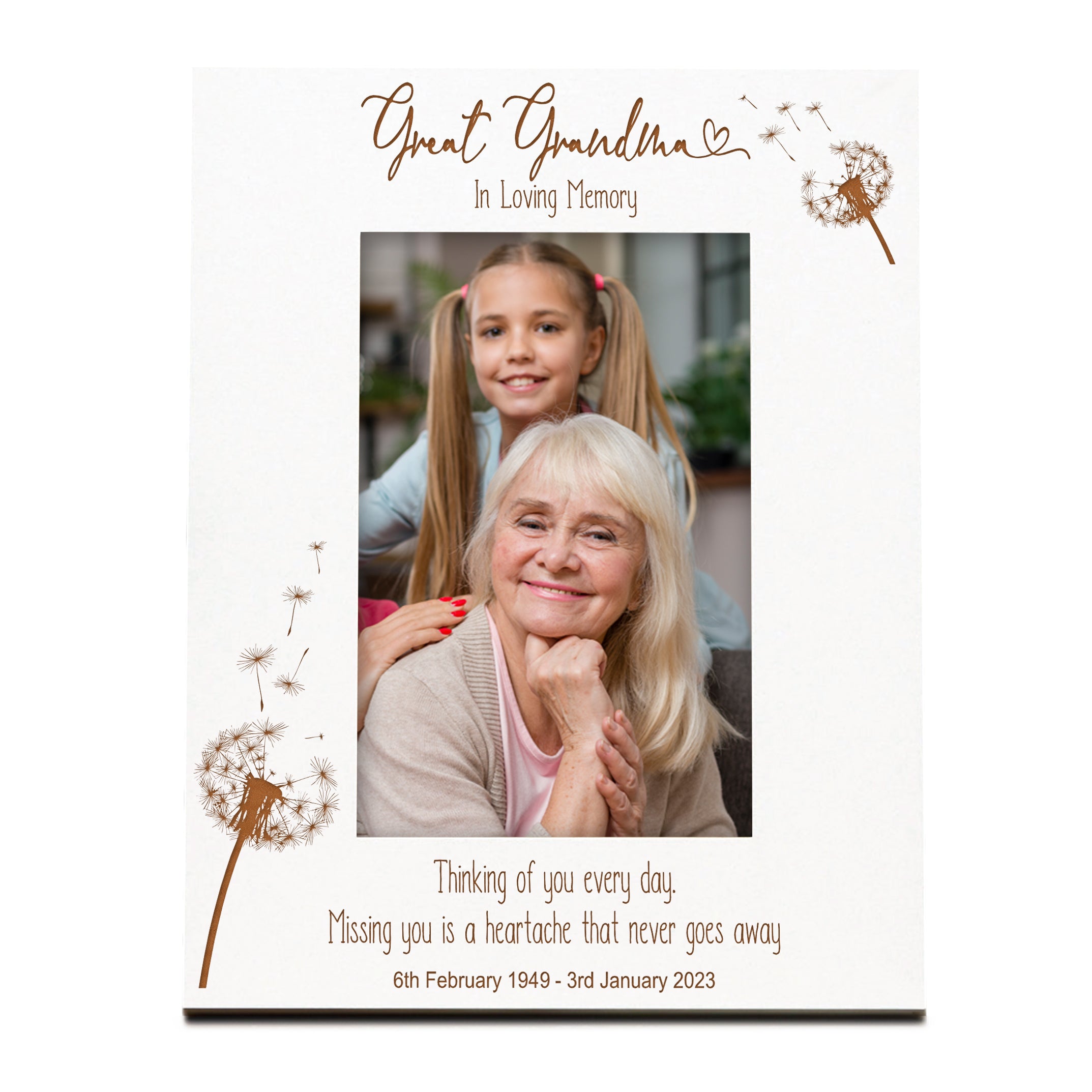 Great Grandma Remembrance White Photo Frame Personalised Portrait With Dandelions Family Photo frame ukgiftstoreonline