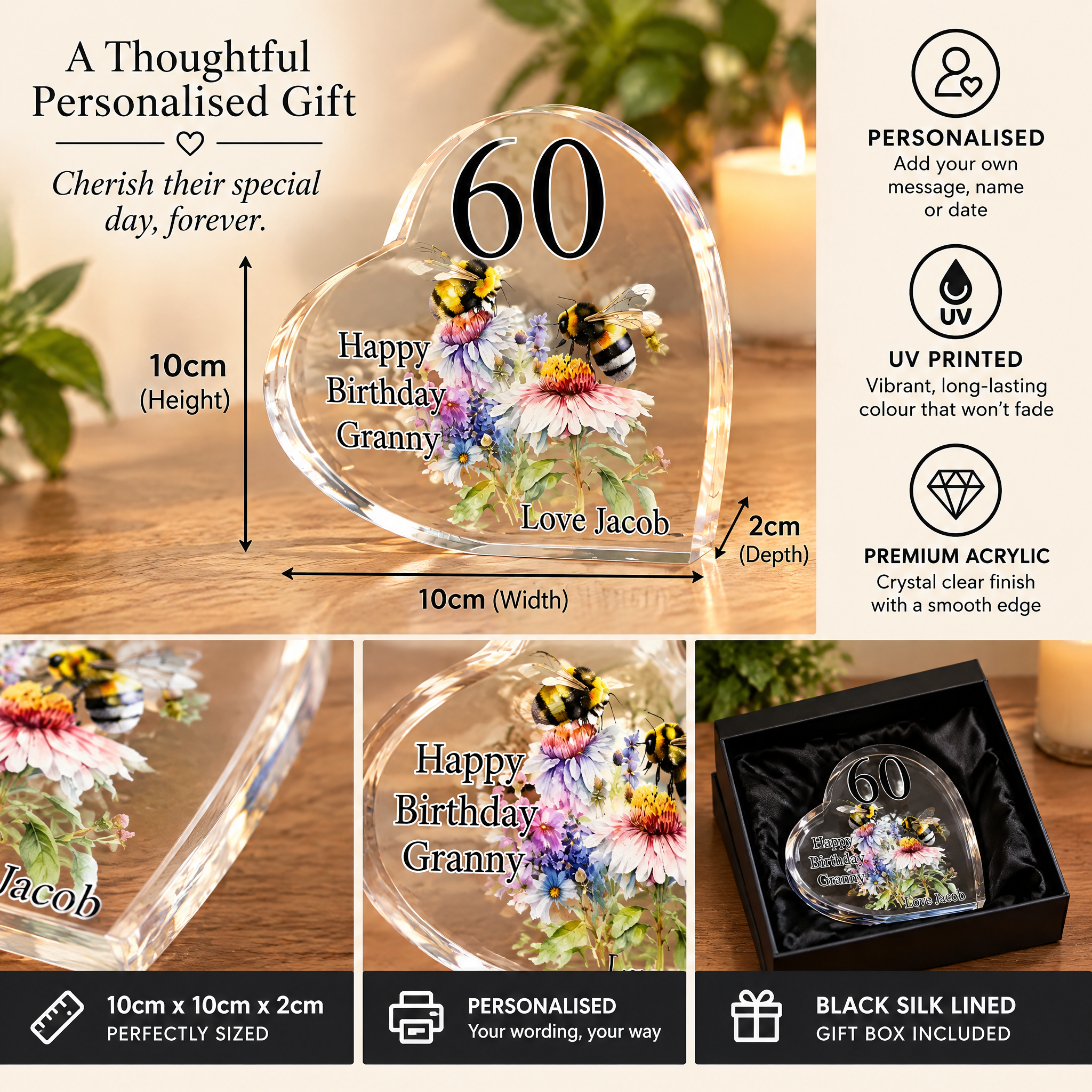 Personalised Birthday Gift, Bumble Bee Heart Block Gift Box 10Cm Personalised Plaque Gift ukgiftstoreonline