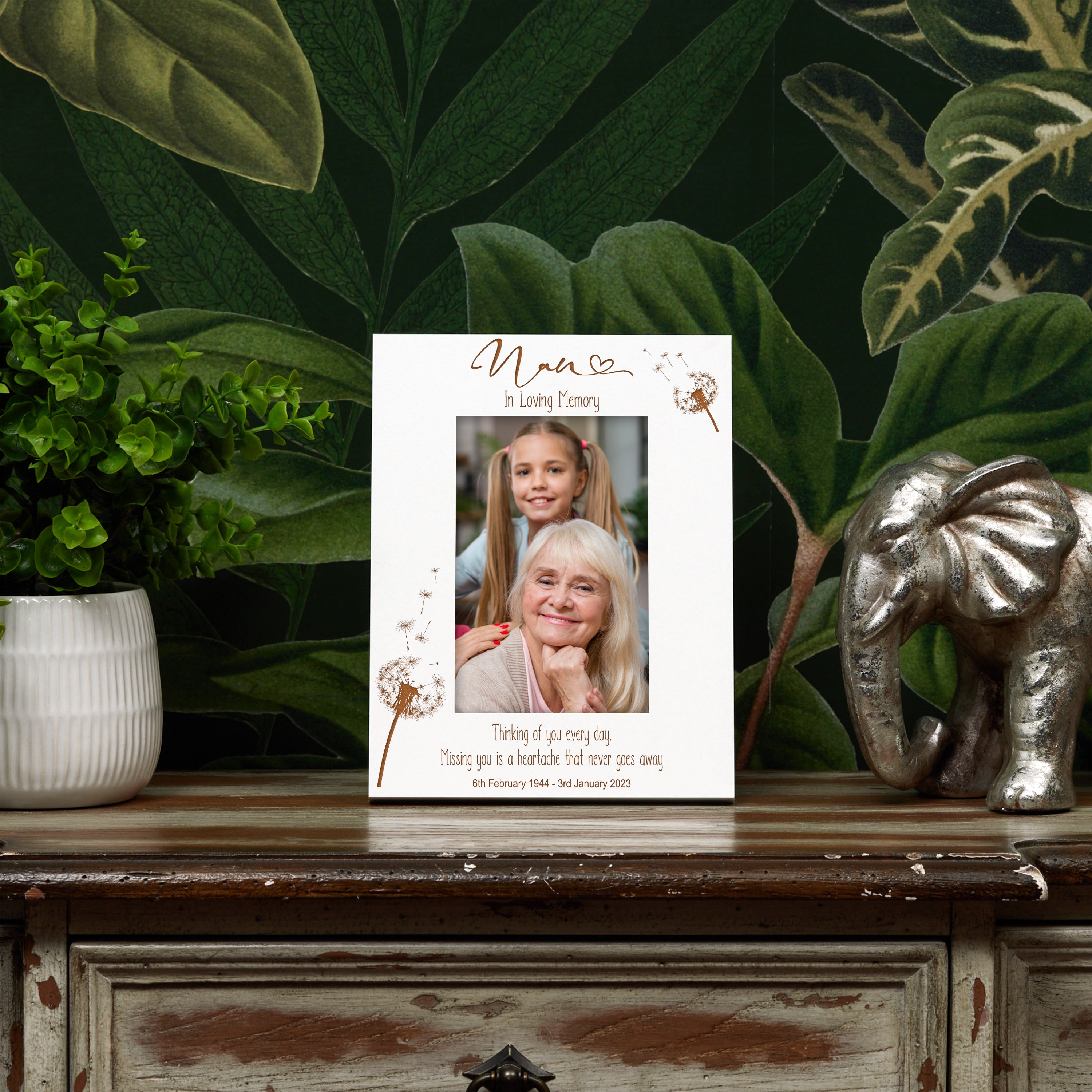 Nan Remembrance White Photo Frame Personalised Portrait With Dandelions Family Photo frame ukgiftstoreonline