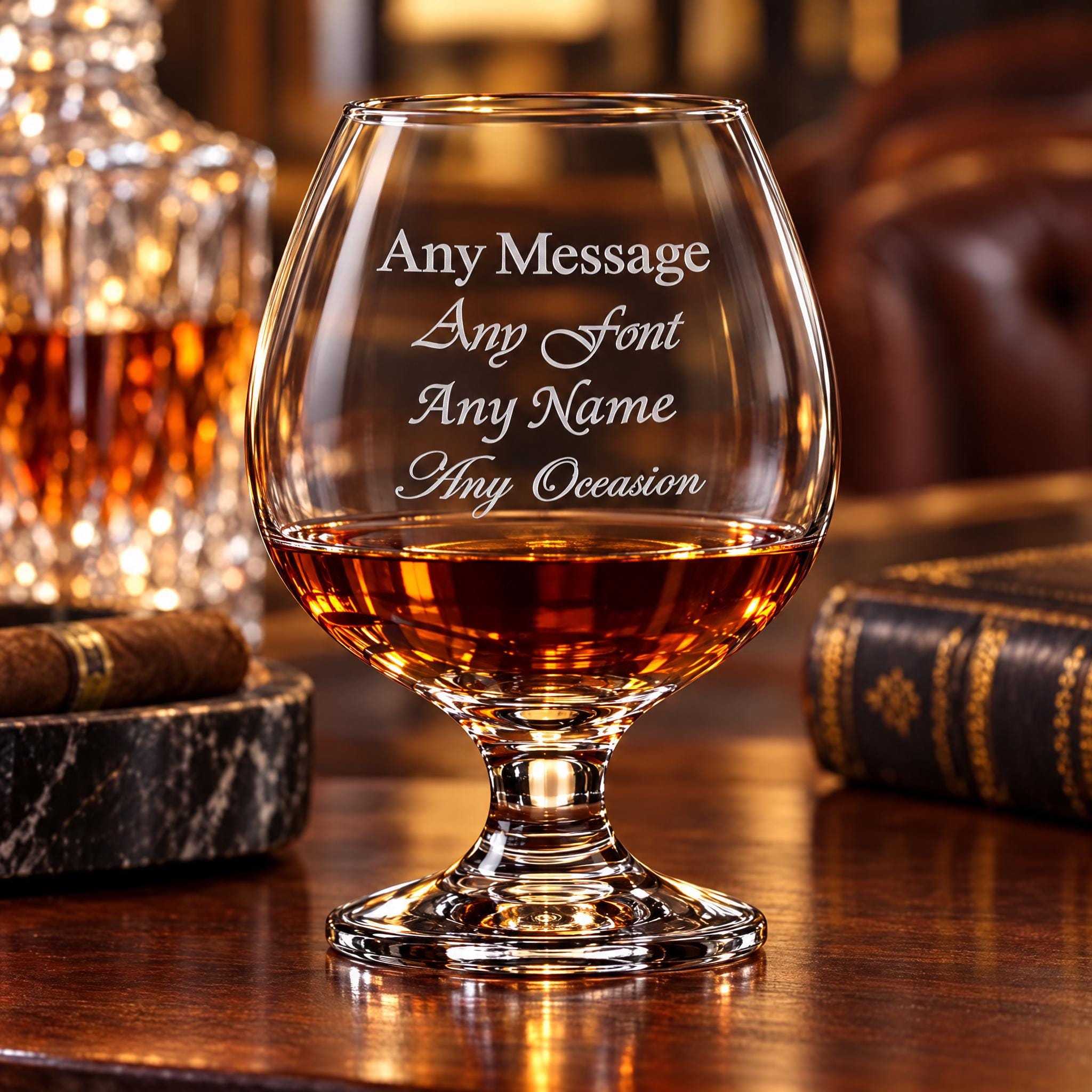 A personalized glass of whiskey with the inscription "Any Message Any Font Any Name Any Occasion" engraved on it, placed on a wooden surface.
