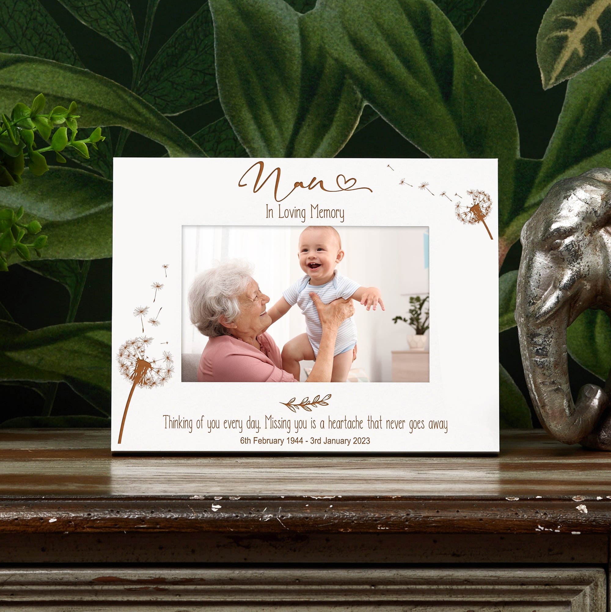Nan Remembrance White Photo Frame Personalised Landscape With Dandelions Family Photo frame ukgiftstoreonline