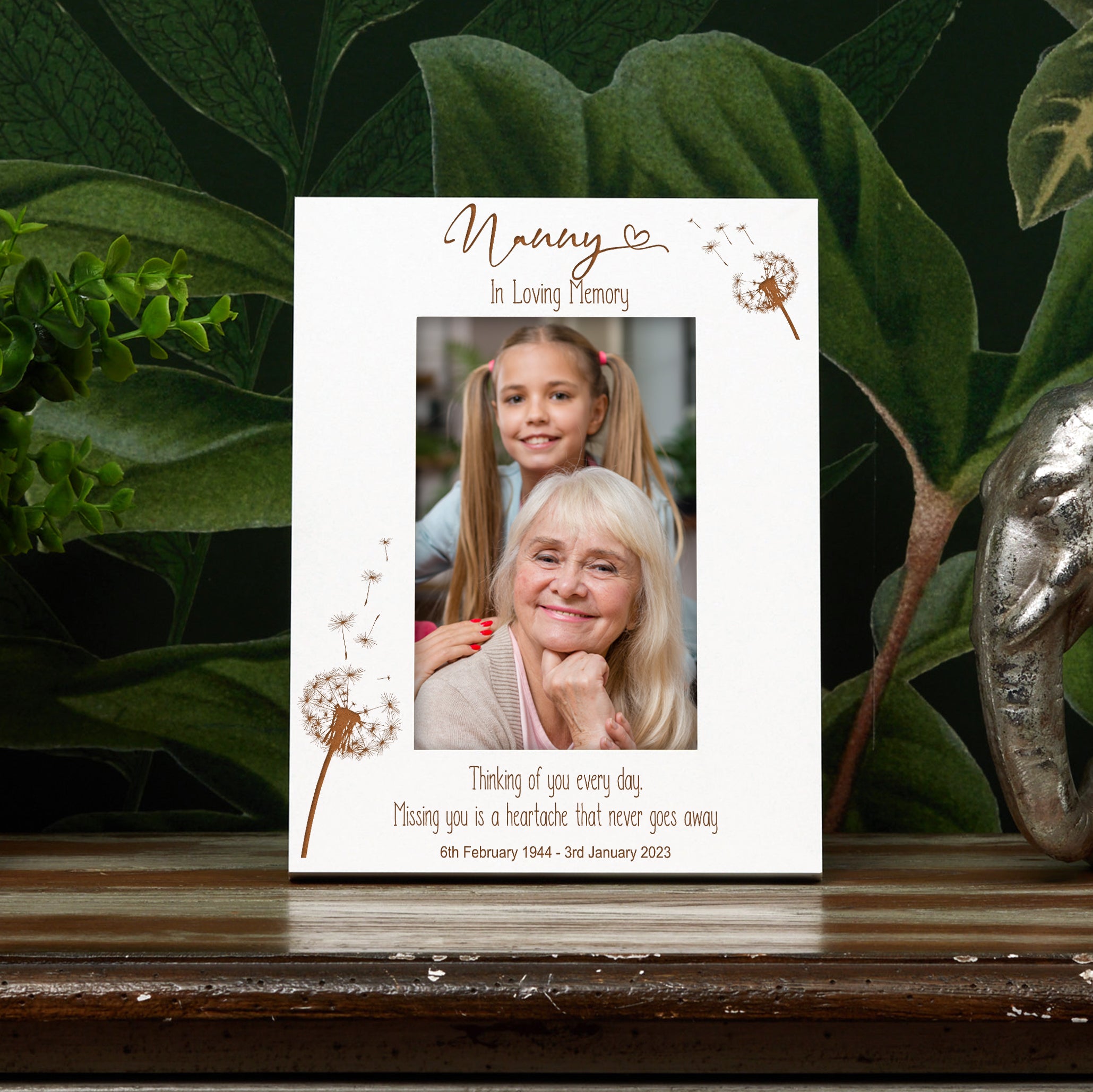 Nanny Remembrance White Photo Frame Personalised Portrait With Dandelions Family Photo frame ukgiftstoreonline
