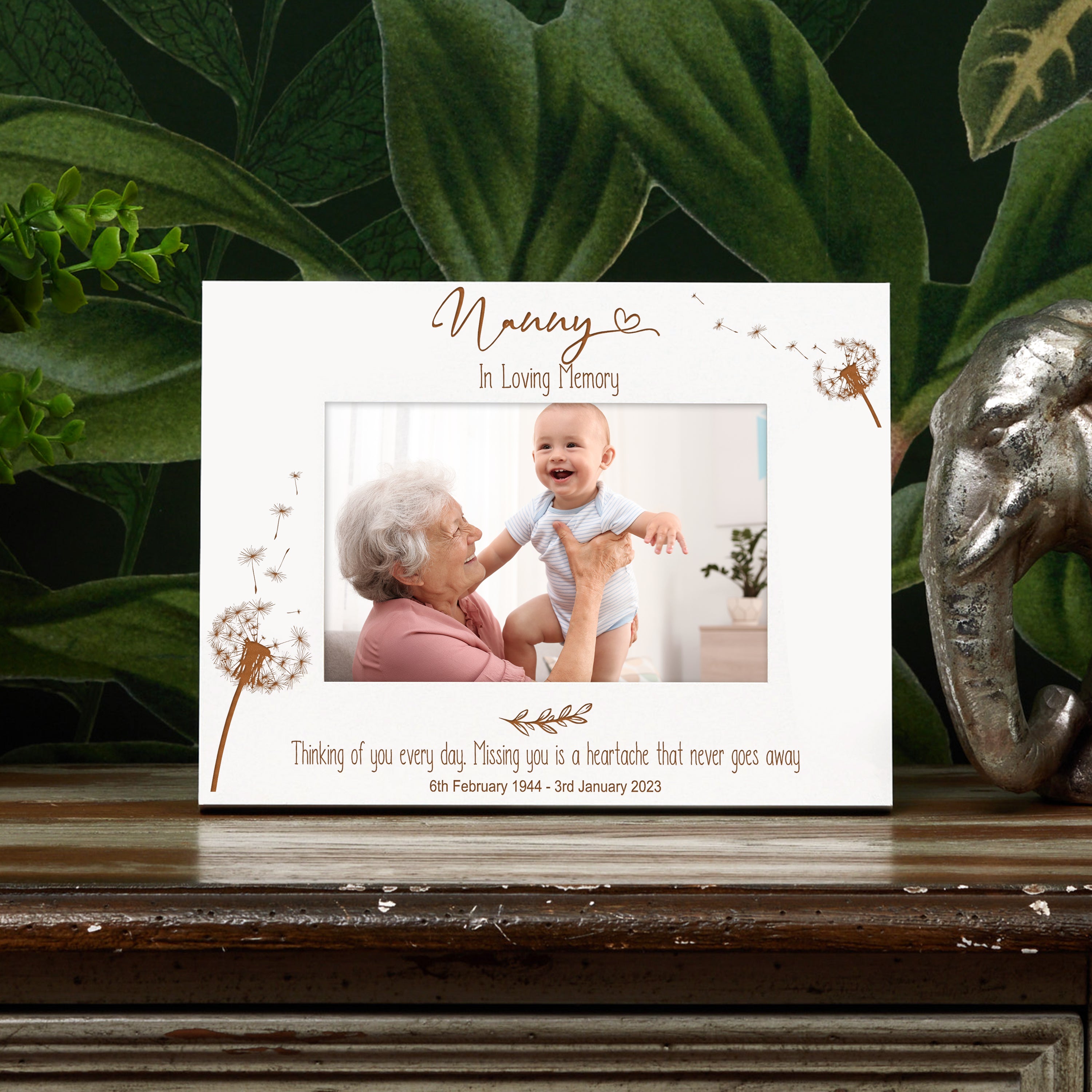 Nanny Remembrance White Photo Frame Personalised Landscape With Dandelions Family Photo frame ukgiftstoreonline