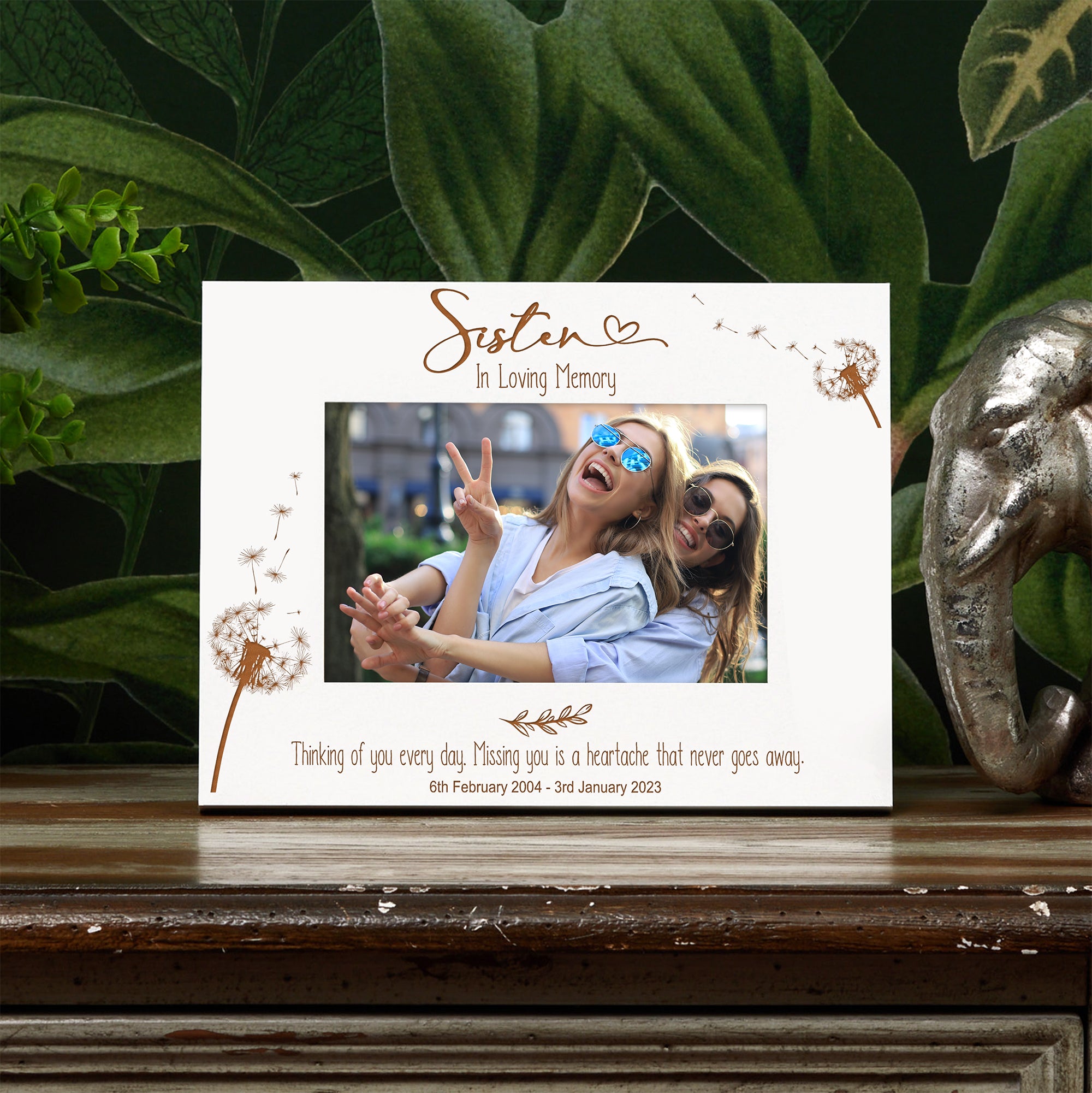 Sister Remembrance White Photo Frame Personalised Landscape With Dandelions Family Photo frame ukgiftstoreonline
