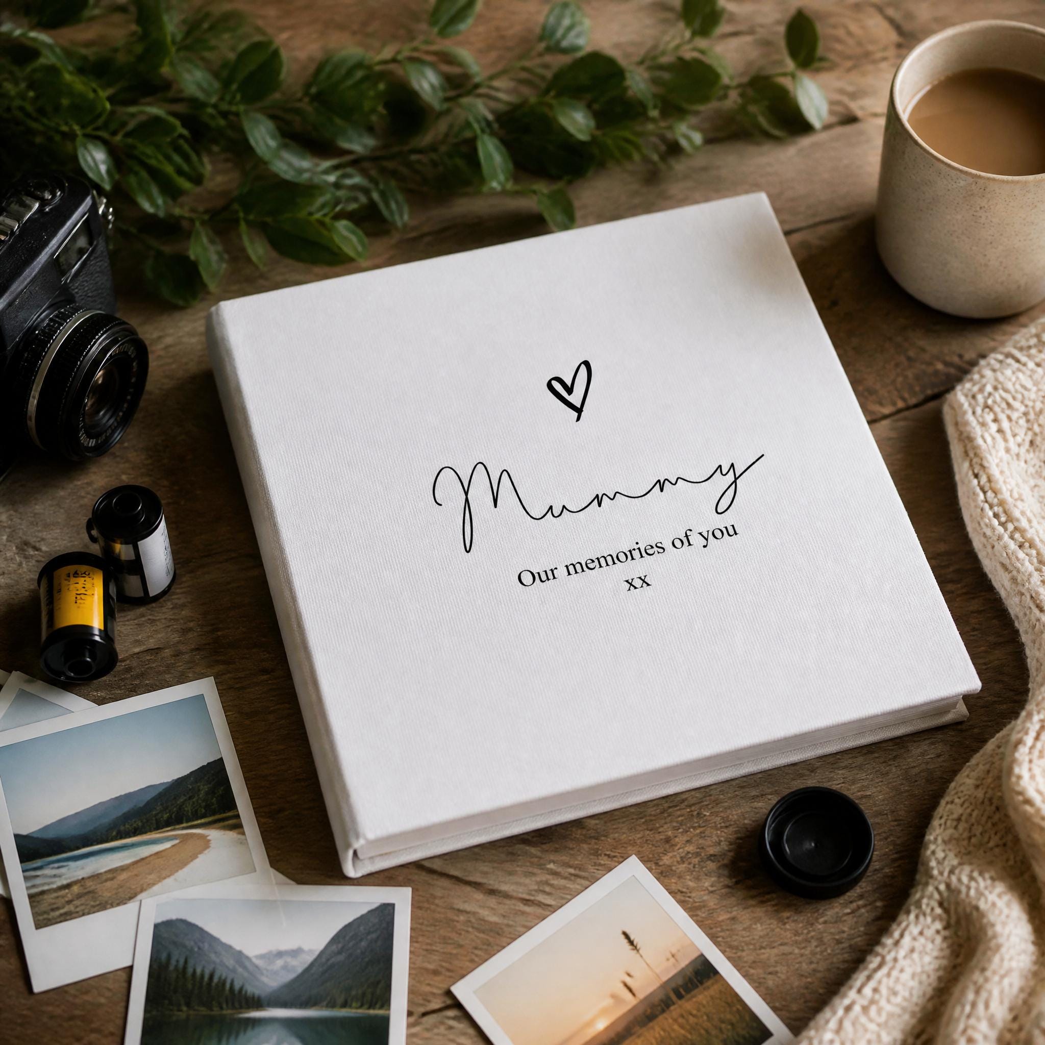 A white photo album with the text "Mummy Our memories of you" and a heart symbol sits on a wooden surface, surrounded by various items such as a camera, a mug, and some photographs.