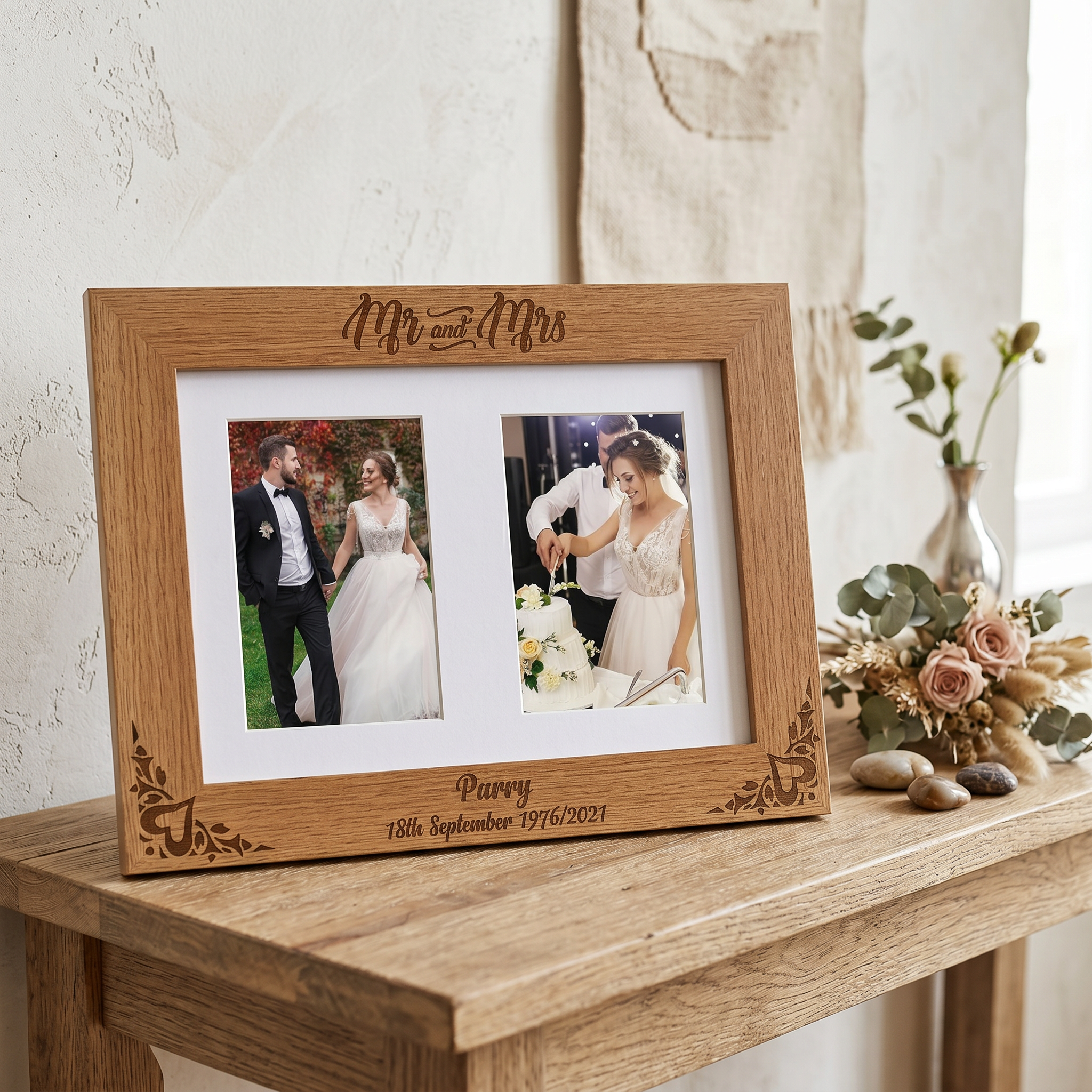 Personalised Mr and Mrs Wedding Double Engraved Wooden Photo Frame Gift wedding photo frame ukgiftstoreonline