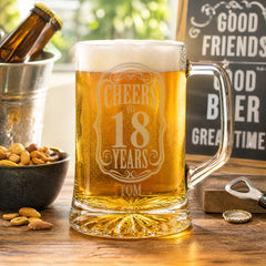 Cheers to 18 Years Birthday Gift Personalised Engraved Glass Beer Tankard personalised beer glass tankard ukgiftstoreonline