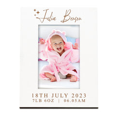 Personalised White Portrait Baby Photo Frame, Newborn New Baby, Engraved Birth Info Picture Frame