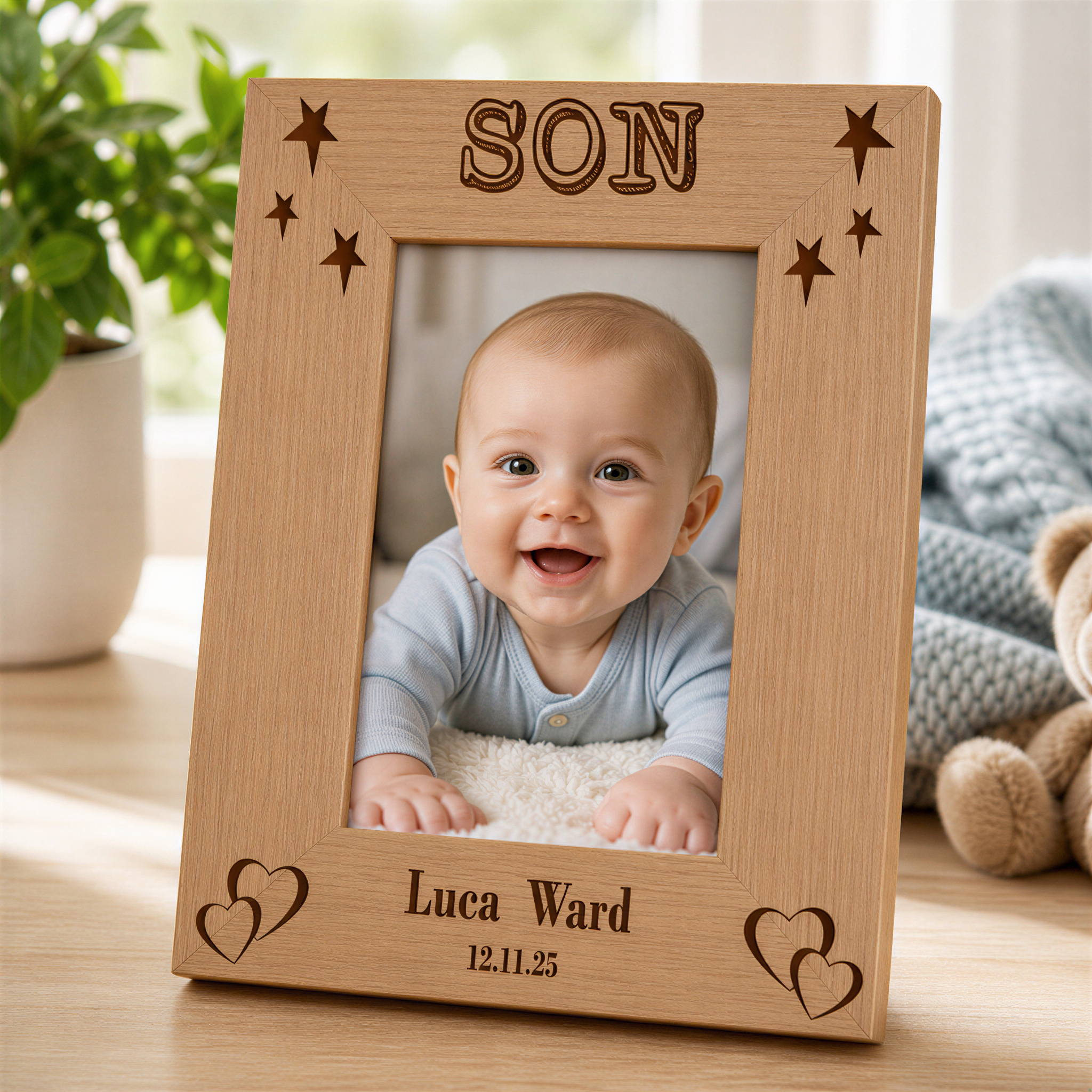 Personalised Son Photo Frame - Engraved Wooden Portrait Gift With Name & Birth Date Photo Frame ukgiftstoreonline