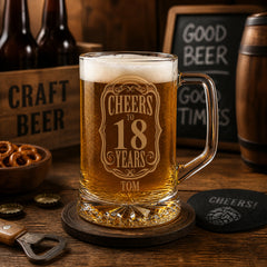 Cheers to 18 Years Birthday Gift Personalised Engraved Glass Beer Tankard personalised beer glass tankard ukgiftstoreonline
