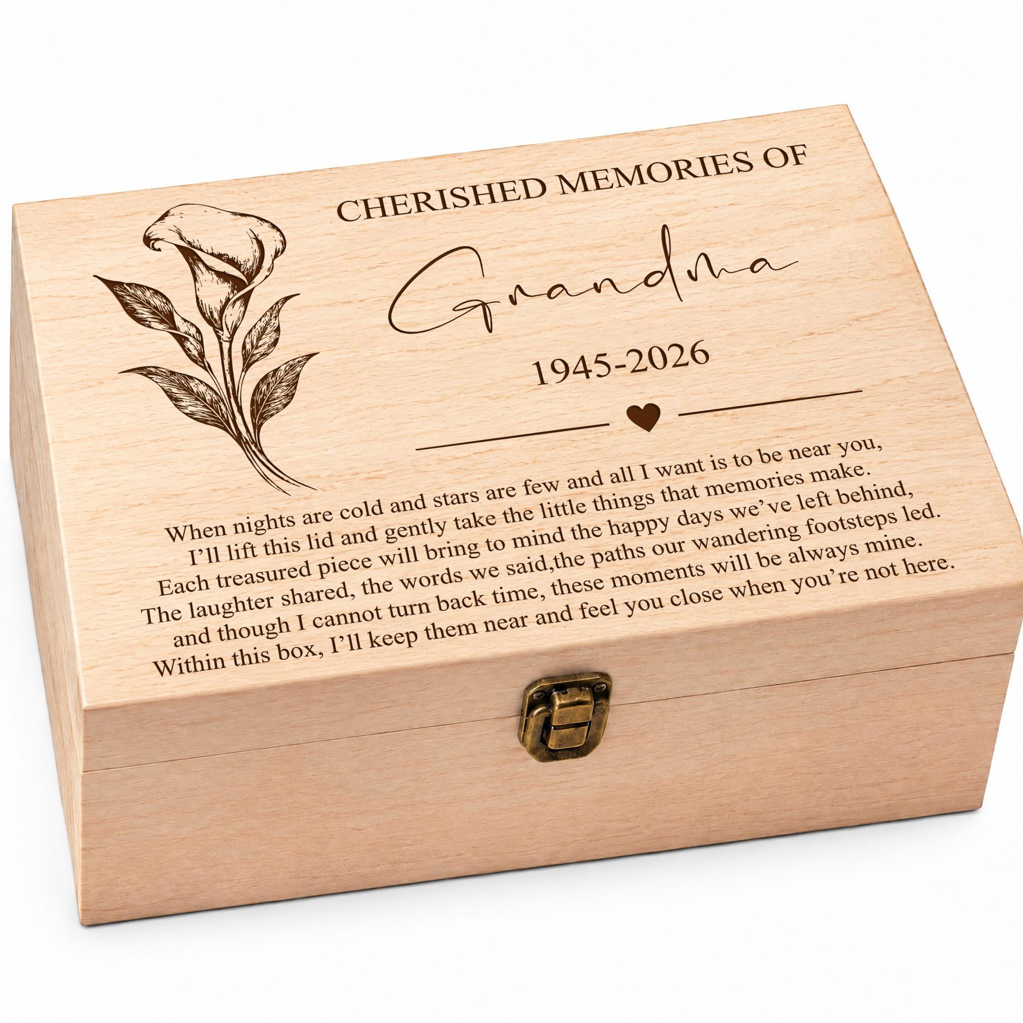 a wooden box with a heartfelt message engraved on it, expressing love and memories of a grandmother.