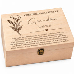 a wooden box with a heartfelt message engraved on it, expressing love and memories of a grandmother.