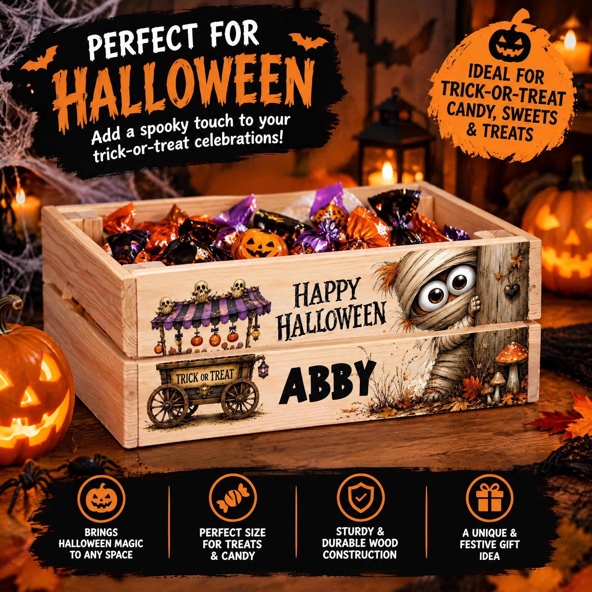 The image is an advertisement for a Halloween candy bin, featuring a wooden crate filled with Halloween-themed candy and a carved jack-o-lantern. The text on the advertisement highlights the bin's features, such as its perfect size, sturdy construction, and unique design, as well as its ideal use for trick-or-treat candy, sweets, and treats.
