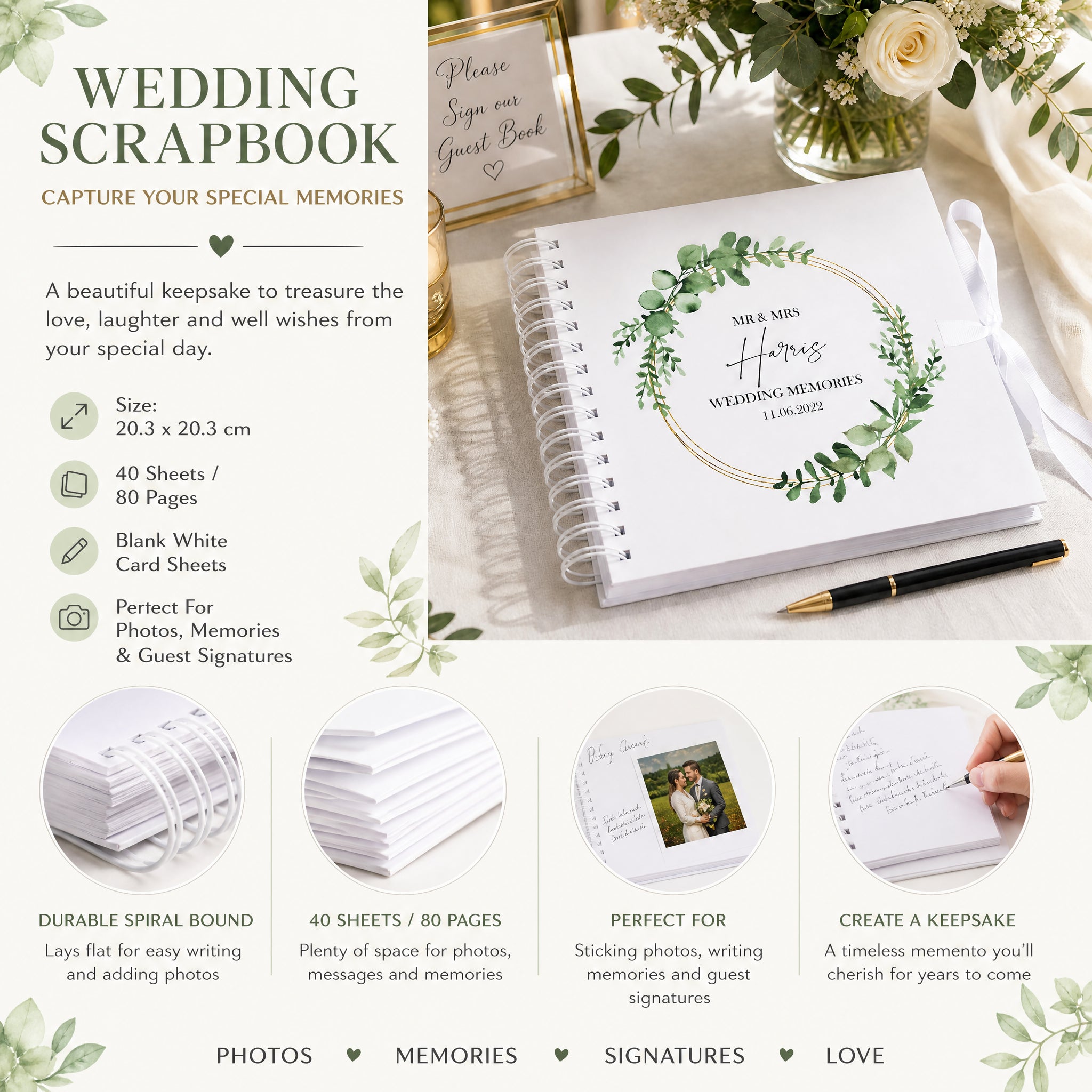 Personalised Wedding Scrapbook Photo Album Eucalyptus and Gold Wreath Scrapbook ukgiftstoreonline