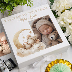 Personalised White Baby Memory Box, Cute Sleeping Animal Design, Keepsake For Special and Favourite Mementos