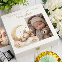 Personalised White Baby Memory Box, Cute Sleeping Animal Design, Keepsake For Special and Favourite Mementos