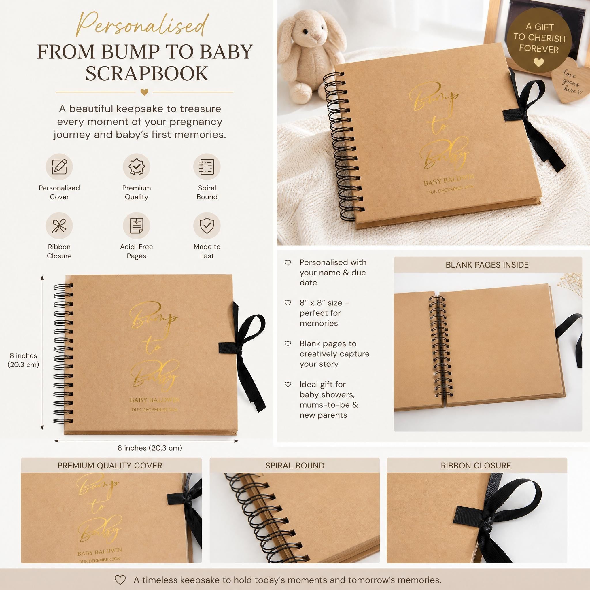 The image is a collage of three photos showcasing a personalized baby scrapbook. The scrapbook features a spiral binding, blank pages, and a premium quality cover. The scrapbook is designed to hold baby's first memories and is a thoughtful gift to cherish forever.