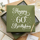 60th Birthday Photo Album, Olive Green Star Motif, 50 4x6 Prints, Captions ukgiftstoreonline