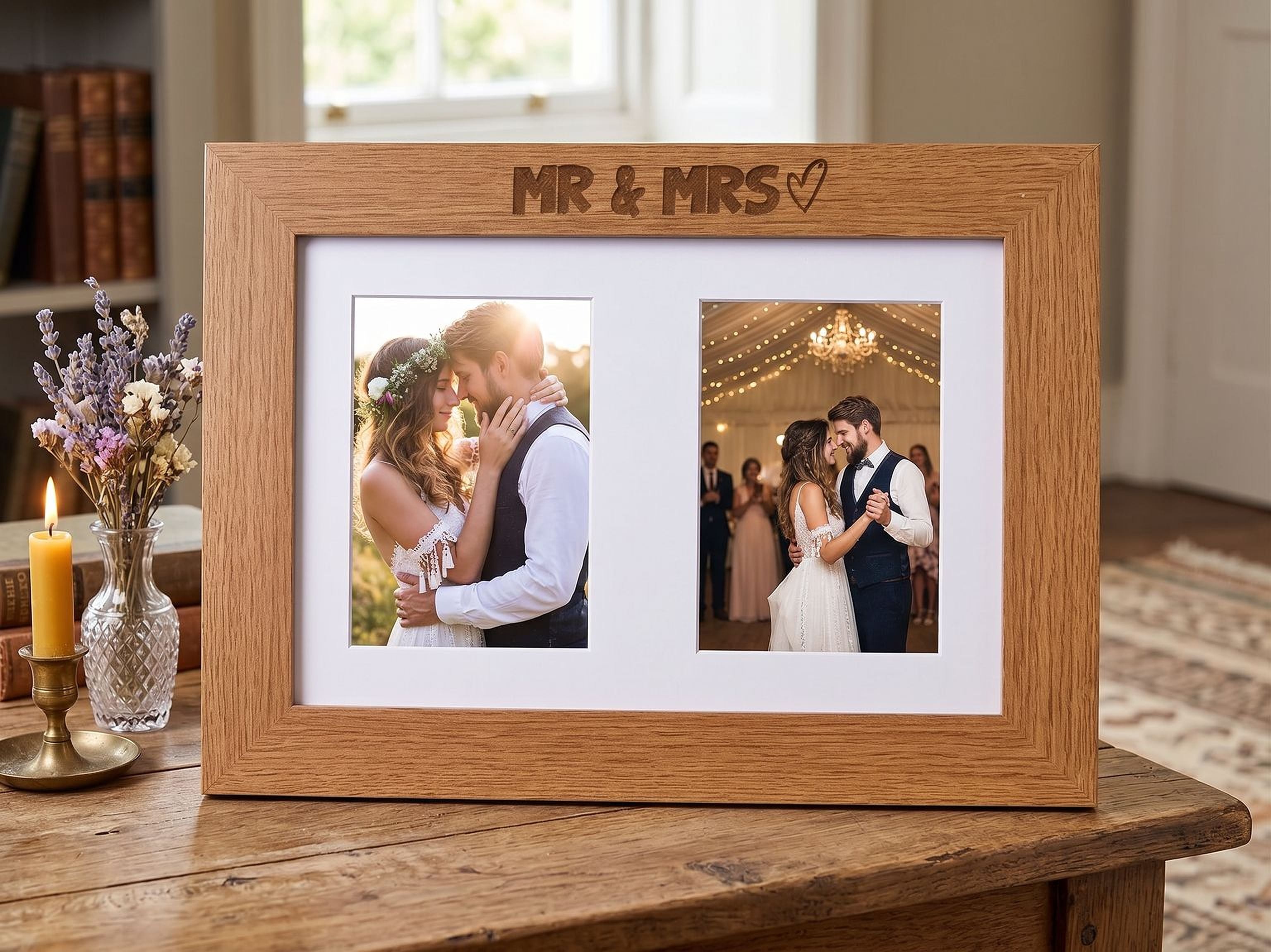 Wedding Photo Frame Double 6x4 Inch - Oak Wood Mr and Mrs Engraved Frame Photo Frame ukgiftstoreonline
