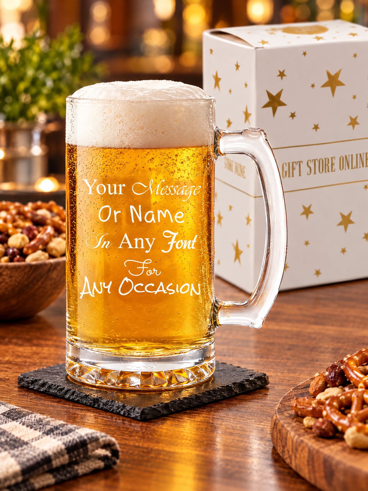 Personalised Beer Stein, 520Ml Engraved Glass Mug, Thumb Handle, Gift Box personalised beer glasses ukgiftstoreonline