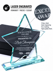 a star-shaped award with the text "LASER ENGRAVED Permanently Precise Elegant" and "EXCELLENCE AWARD PRESENTED TO Bob Thompson".