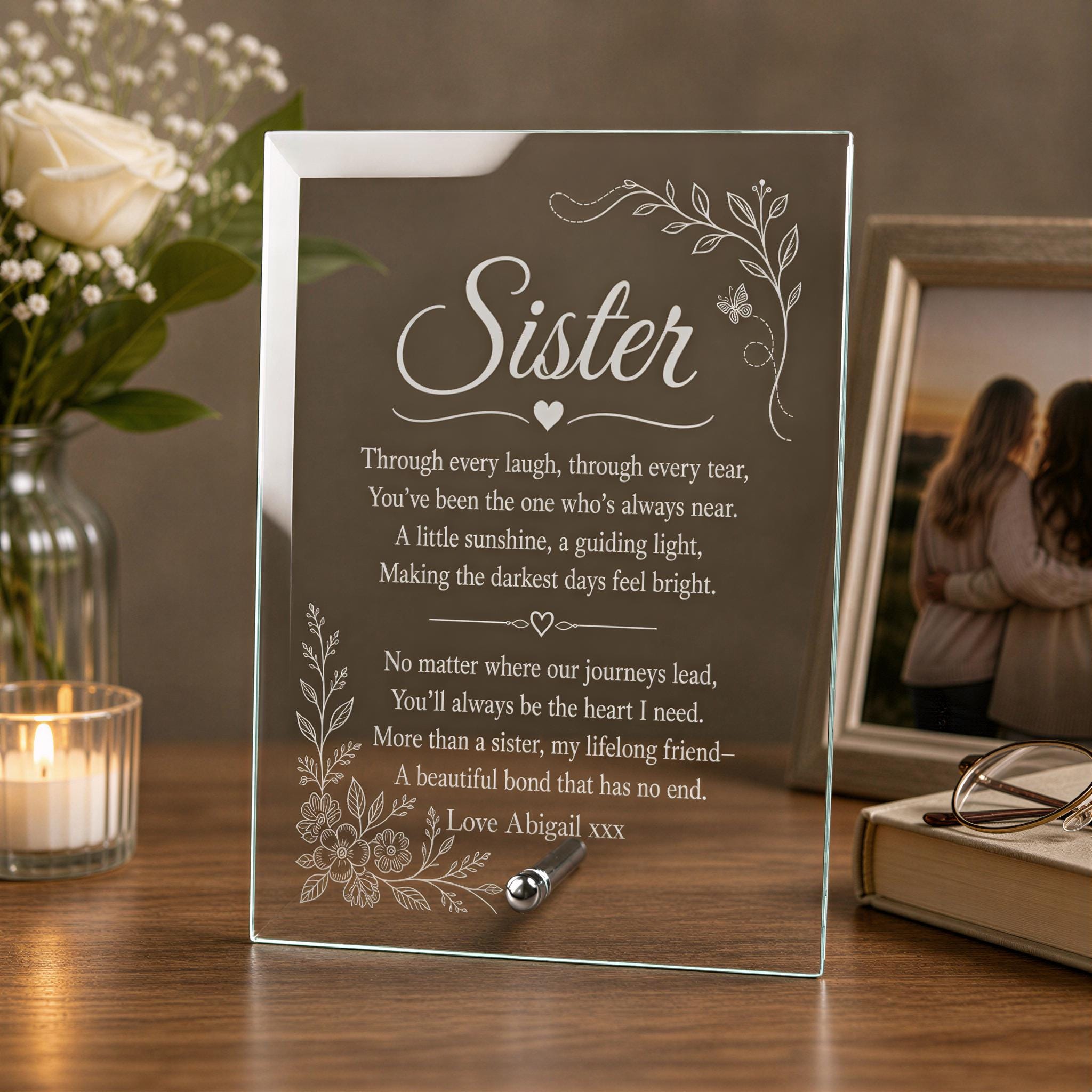 a glass frame with a heartfelt message about a sister, accompanied by a vase of white flowers and a lit candle on a wooden surface.