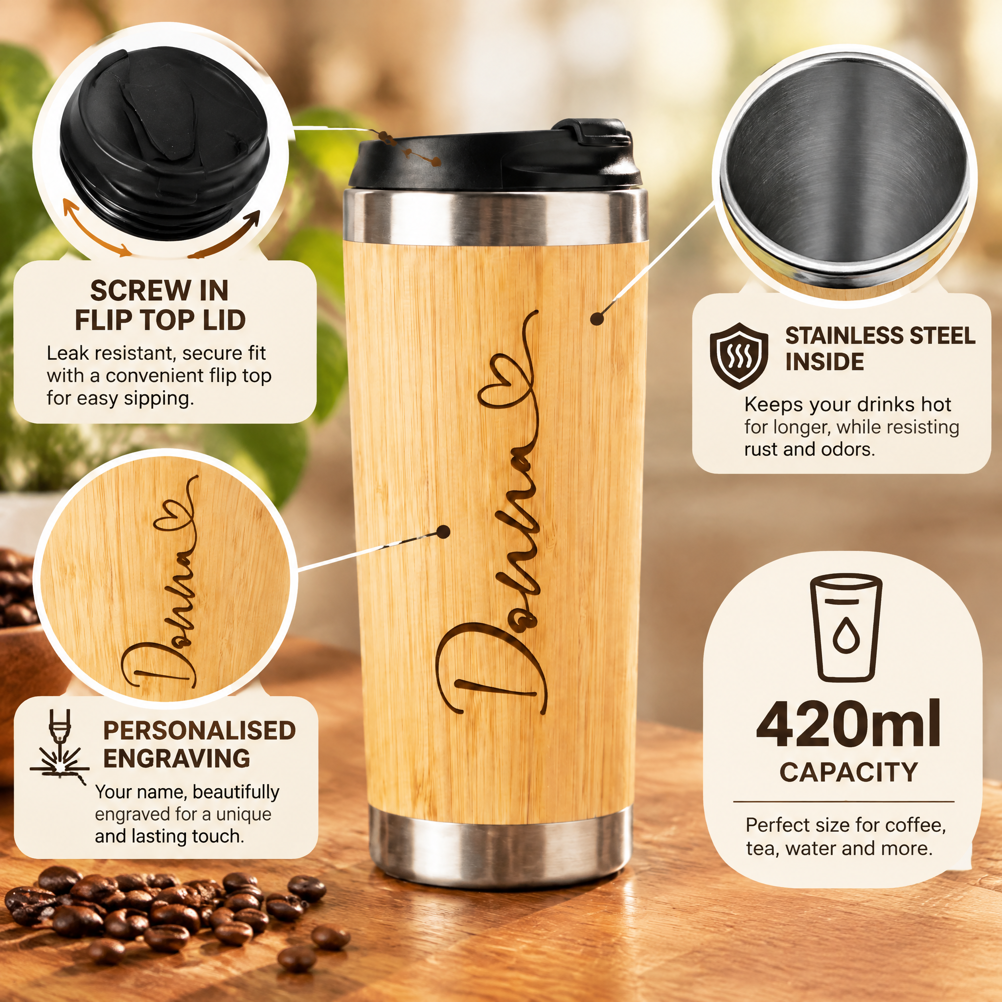 Personalised Bamboo Travel Mug, Insulated 420Ml, Heart Name Gift Personalised Mugs ukgiftstoreonline