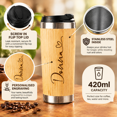 Personalised Bamboo Travel Mug, Insulated 420Ml, Heart Name Gift Personalised Mugs ukgiftstoreonline