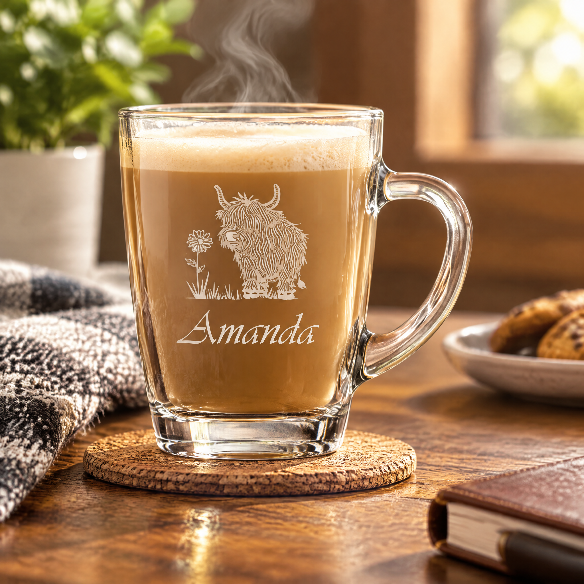 Personalised Engraved Glass Coffee Cup, Tea Cup, Any Name and Highland Cow Personalised Birthday Gift ukgiftstoreonline