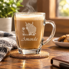 Personalised Engraved Glass Coffee Cup, Tea Cup, Any Name and Highland Cow Personalised Birthday Gift ukgiftstoreonline