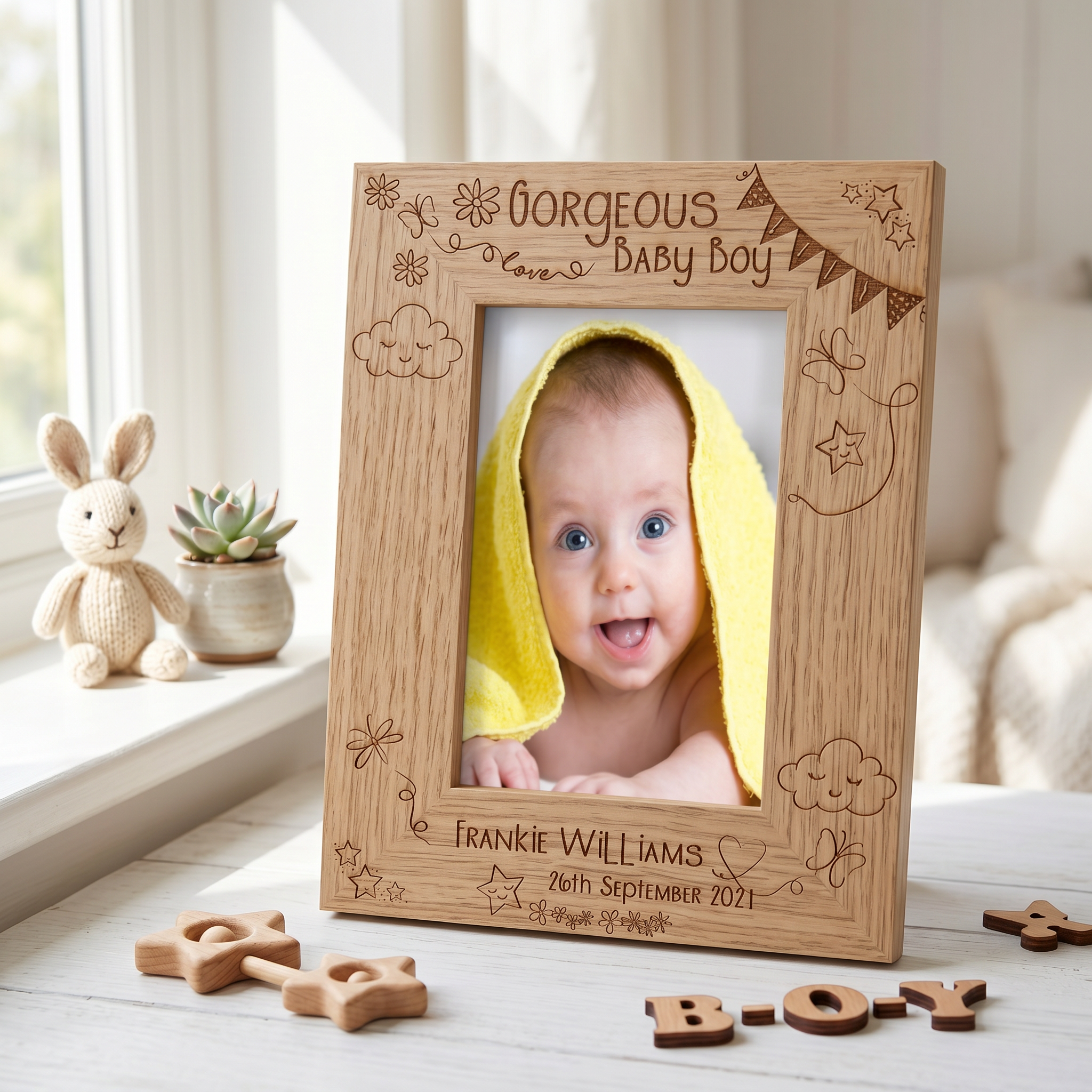 Personalised Baby Boy Frame - Custom Wooden Photo Frame | Engraved Name & Date Gift Baby Boy Photo Frame ukgiftstoreonline