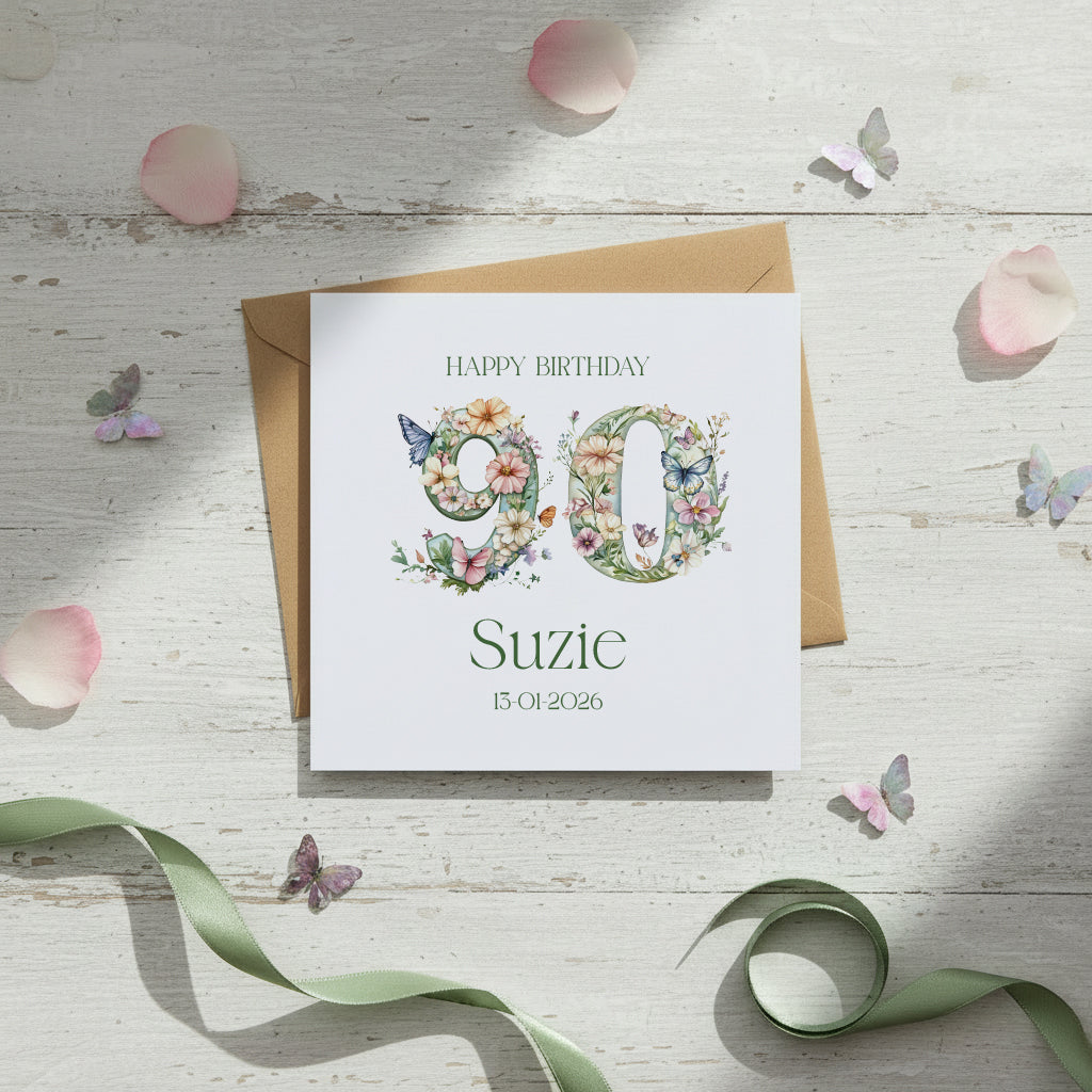 Personalised Luxury Linen 90th Birthday Card, Mum Auntie wife Grandma Friend Floral Numbers Personalised Cards ukgiftstoreonline