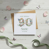 Personalised Luxury Linen 90th Birthday Card, Mum Auntie wife Grandma Friend Floral Numbers Personalised Cards ukgiftstoreonline