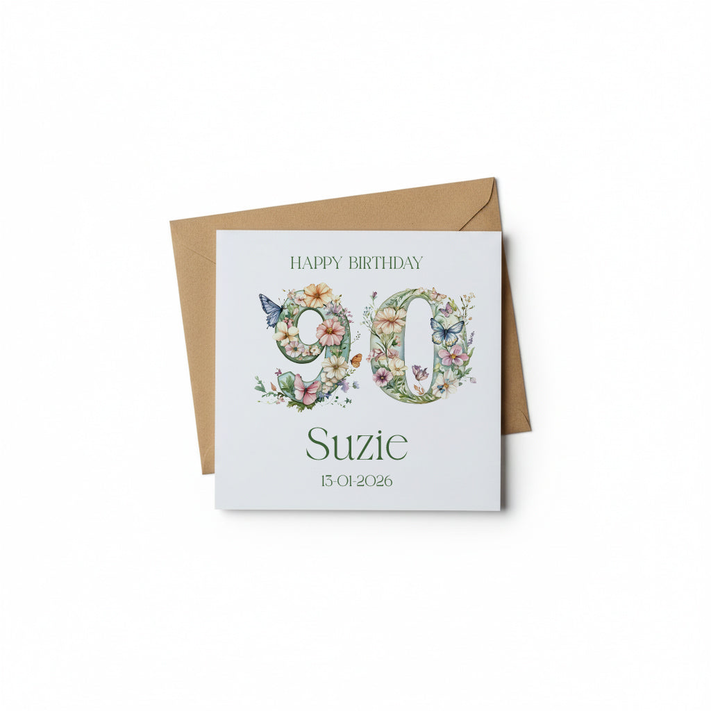 Personalised Luxury Linen 90th Birthday Card, Mum Auntie wife Grandma Friend Floral Numbers Personalised Cards ukgiftstoreonline