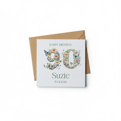 Personalised Luxury Linen 90th Birthday Card, Mum Auntie wife Grandma Friend Floral Numbers Personalised Cards ukgiftstoreonline