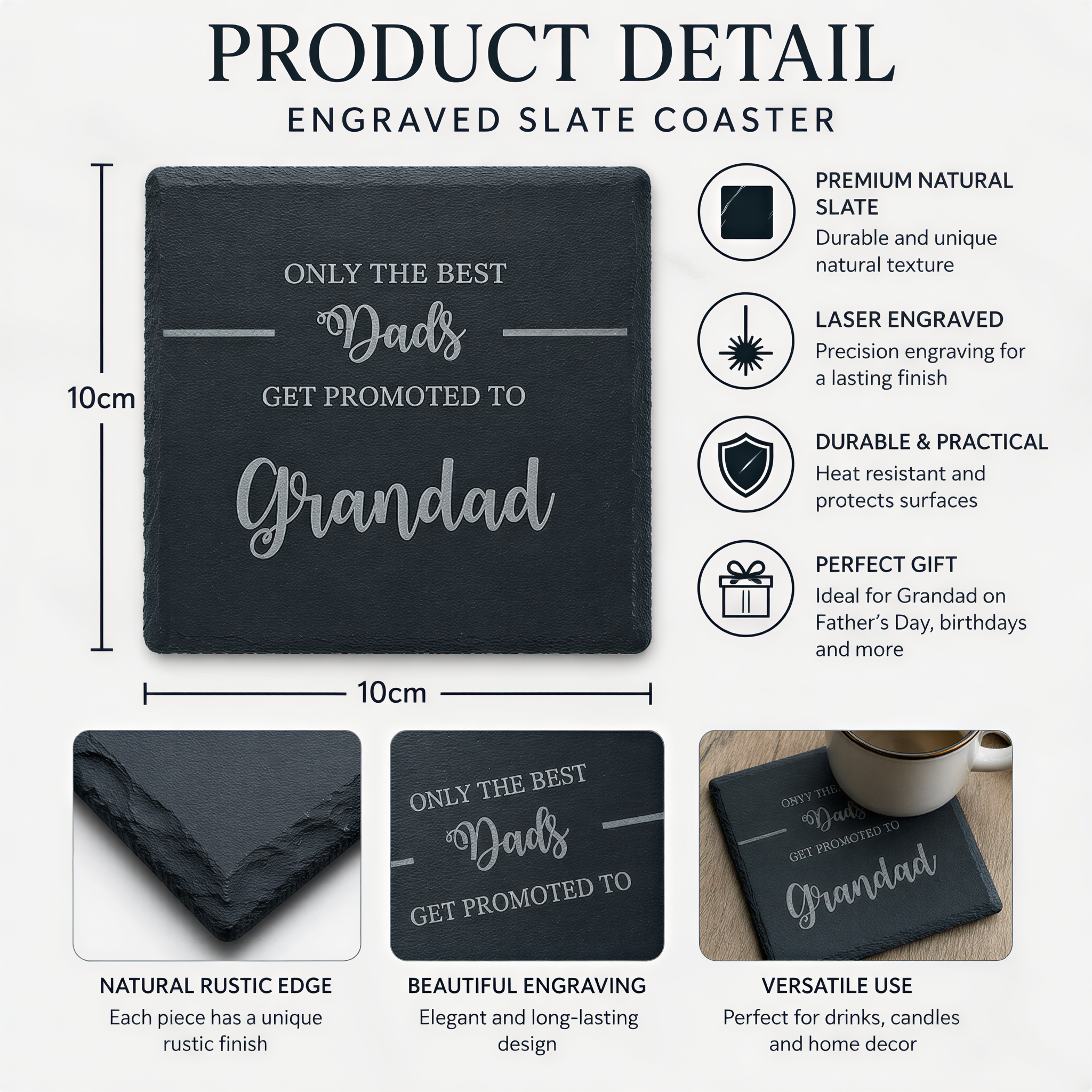 Grandad Slate Coaster, Best Dad Promotion Gift, 10Cm Natural Slate Personalised Slate Marker ukgiftstoreonline