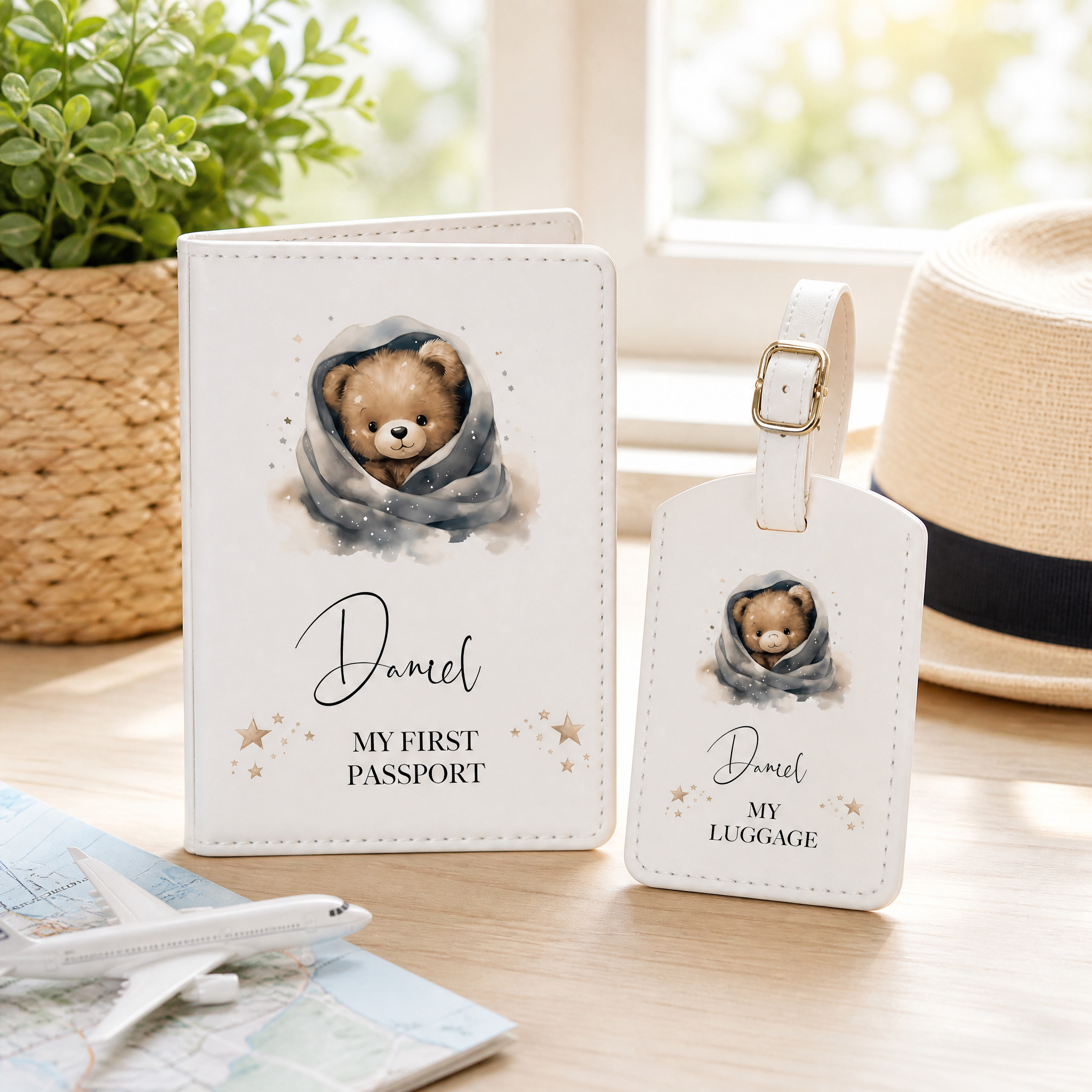 Personalised Baby Passport Cover, Teddy Leatherette Gift Box Set Baby Product ukgiftstoreonline