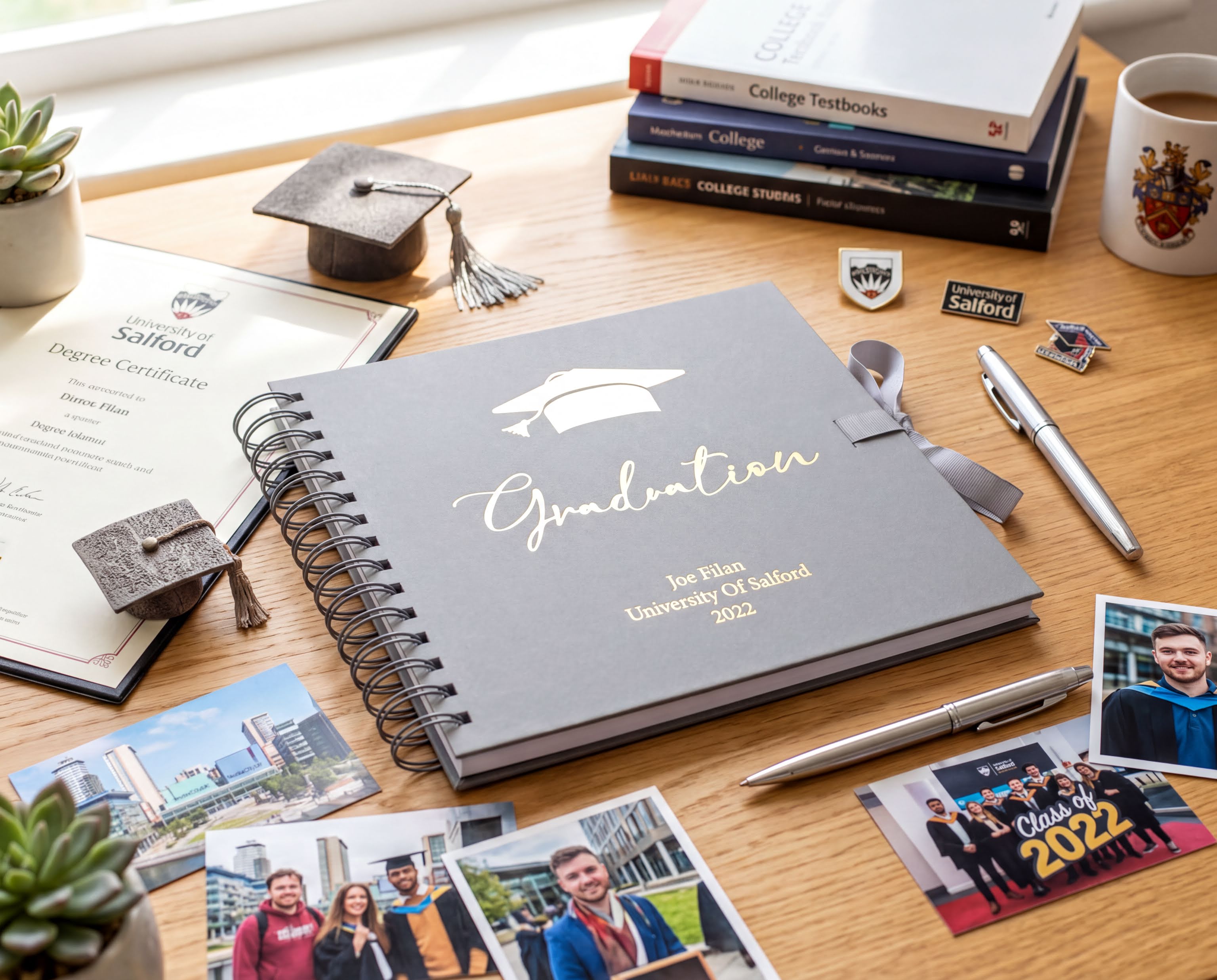 a graduation cap, a graduation certificate, a graduation book, and various graduation-related items such as photographs and pens, all arranged on a wooden surface.