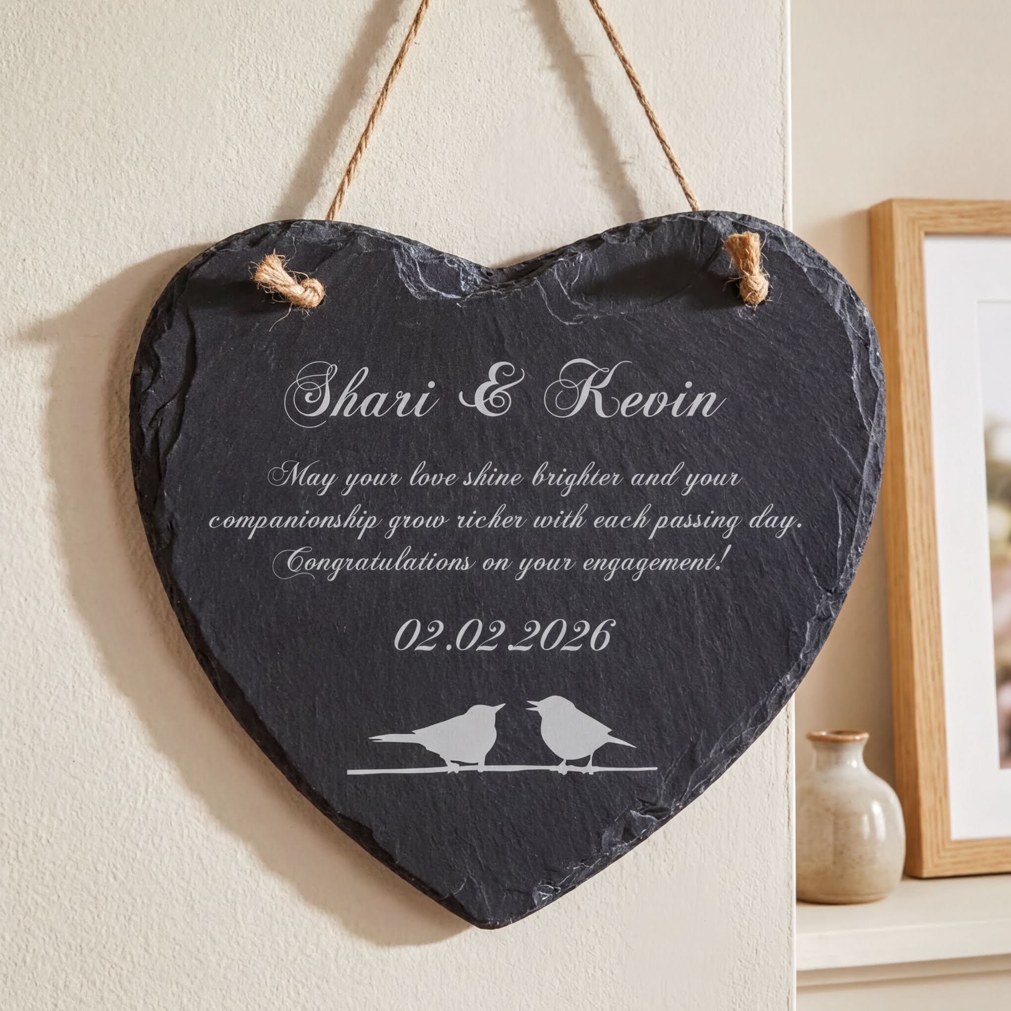 Personalised Engagement Gift - Custom Engraved Slate Plaque With Bird Symbol Personalised Heart Gifts ukgiftstoreonline