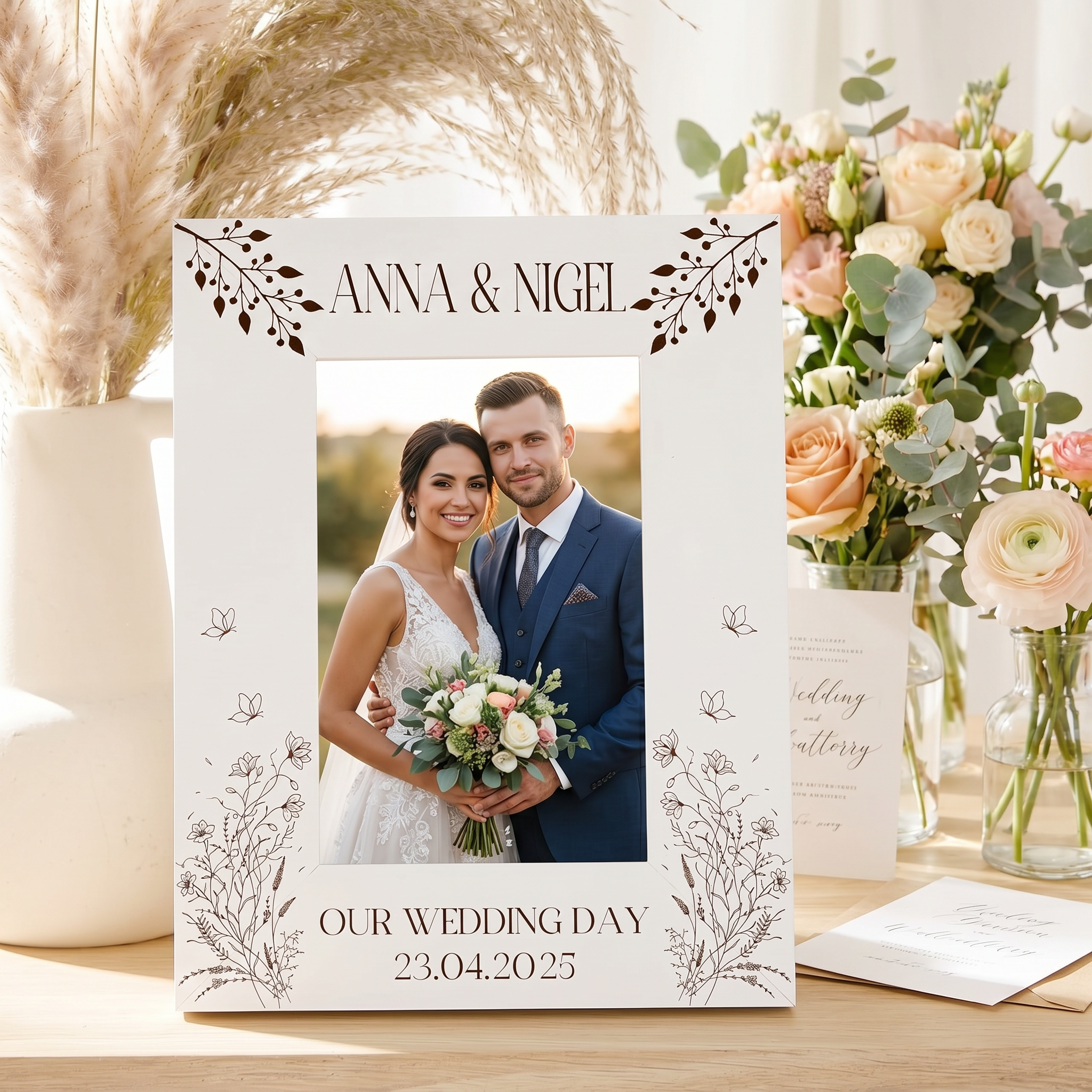 A white wedding picture frame with a couple's photograph in it, surrounded by wedding decorations and flowers.