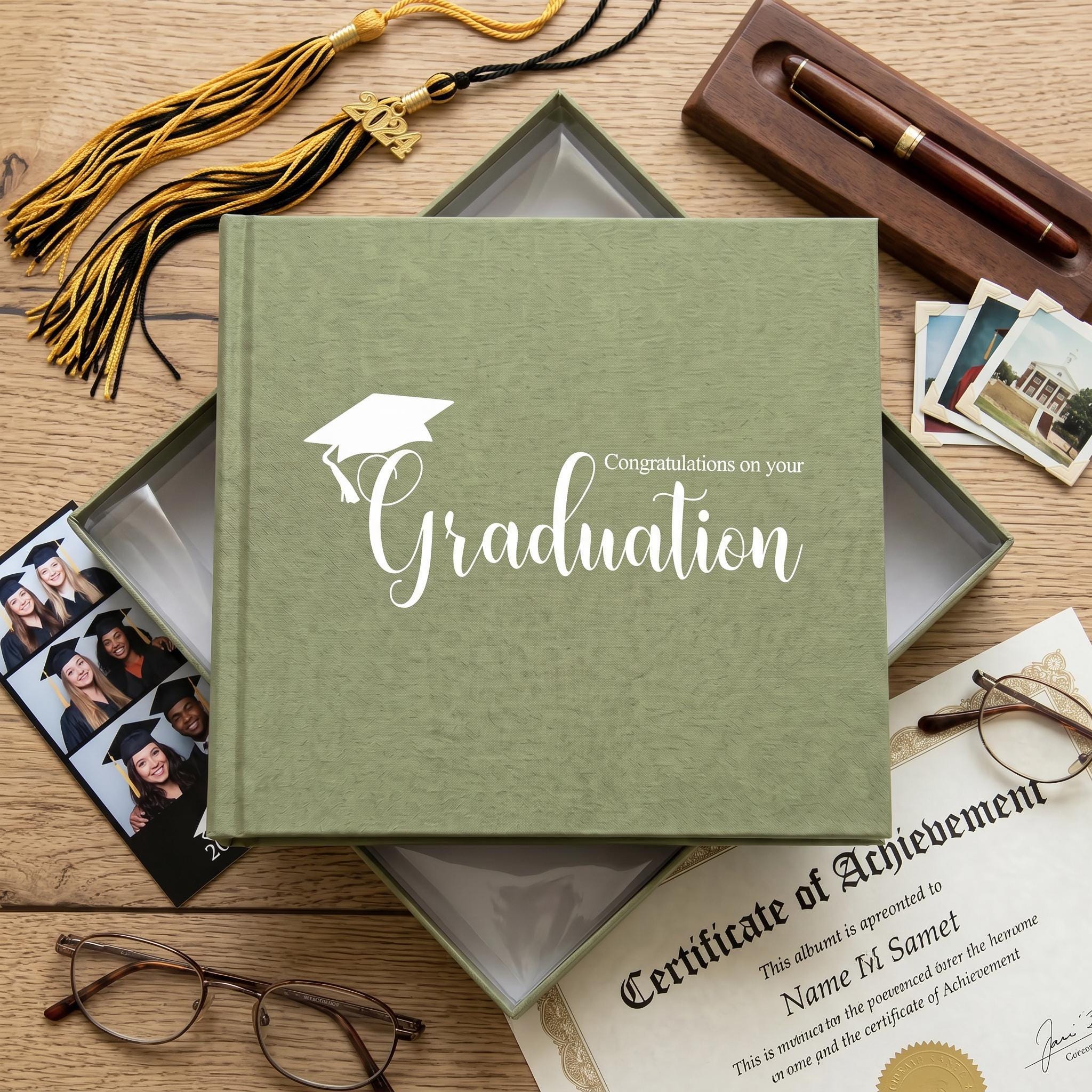 a graduation album, a certificate of achievement, and various graduation-related items such as a tassel, pen, and glasses, all arranged on a wooden surface.