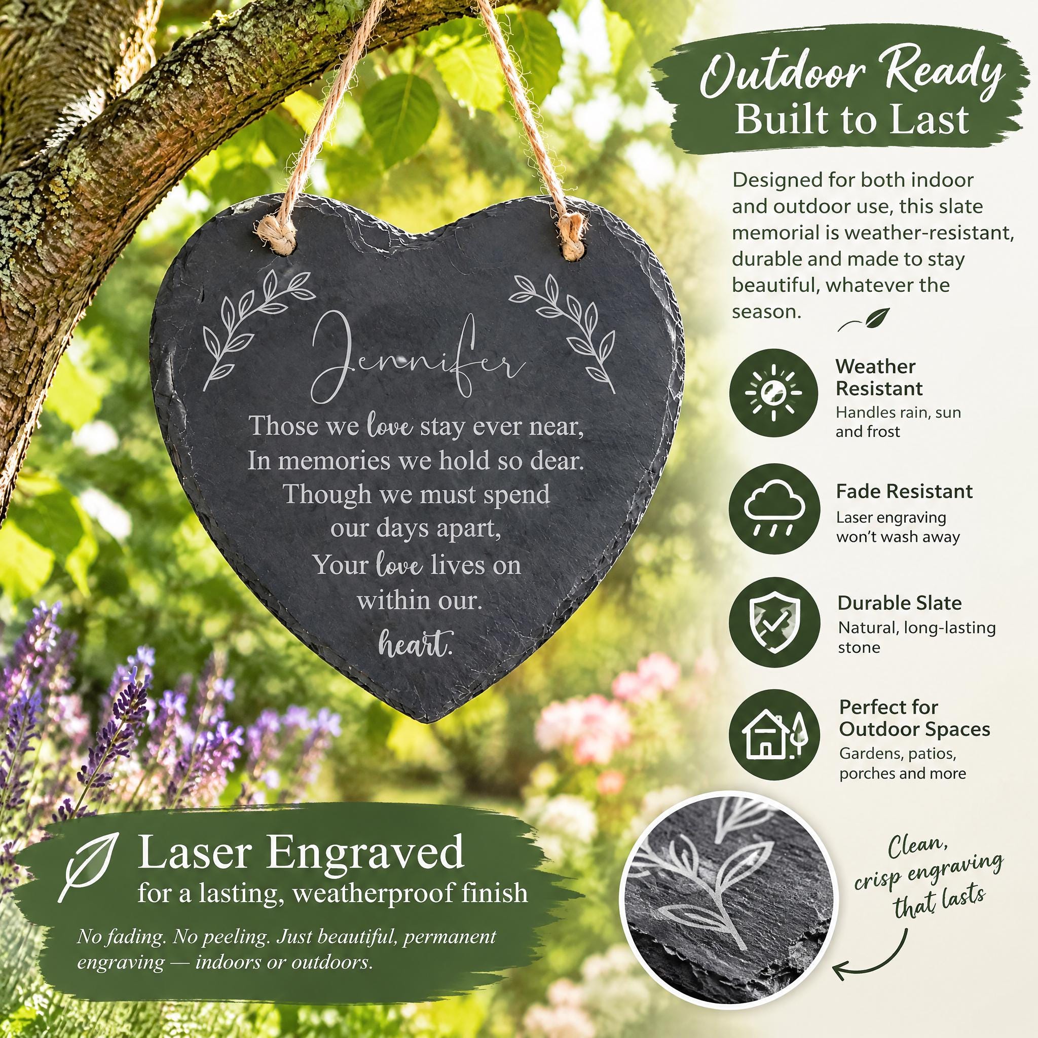 The image is an advertisement for a slate heart-shaped memorial that is designed for both indoor and outdoor use. It features a heart-shaped slate with a personalized message engraved on it, and it is described as durable, weather-resistant, and laser-engraved for a lasting finish. The advertisement highlights the stone's ability to withstand various weather conditions and mentions that it is perfect for gardens, patios, and outdoor spaces.
