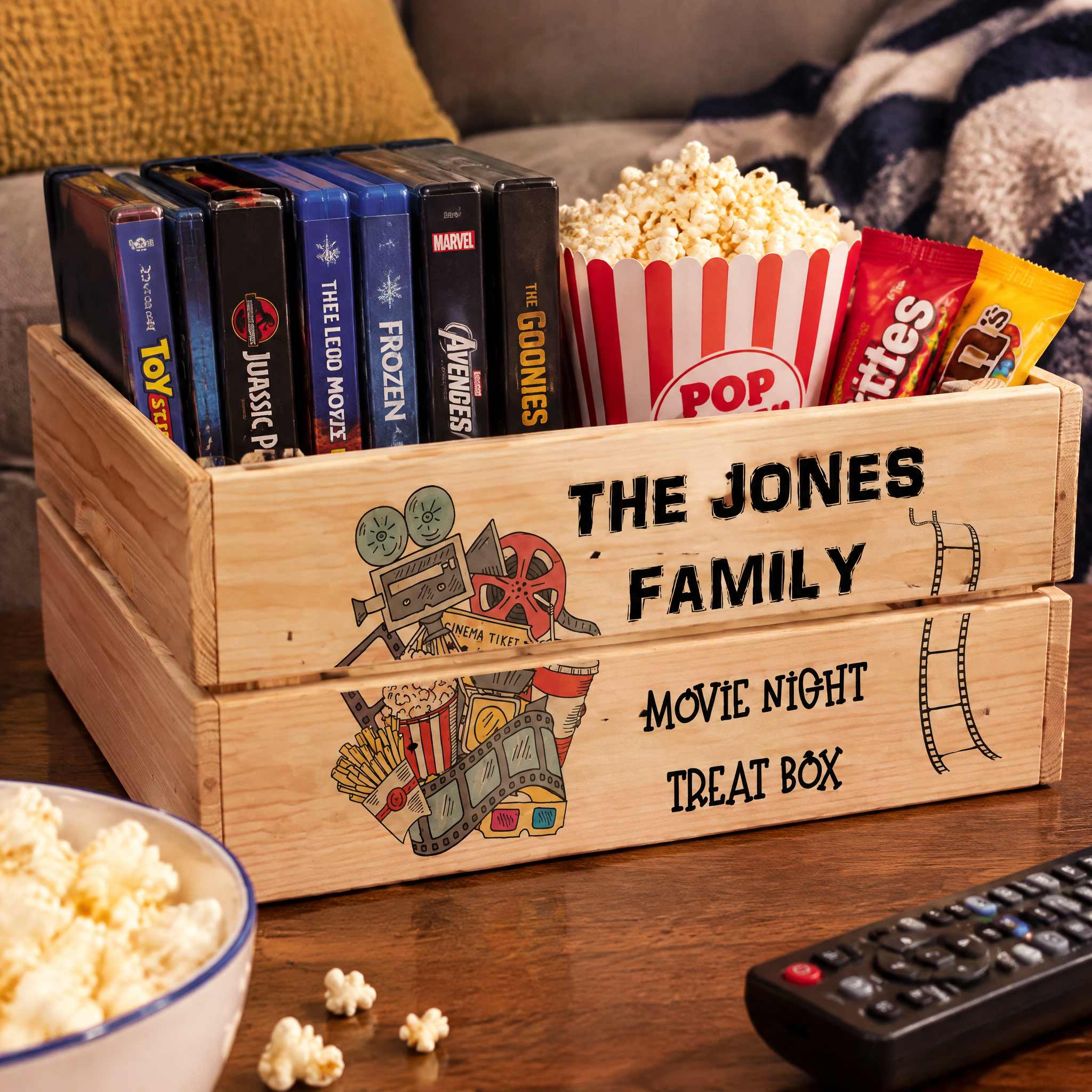 Personalised Family Movie Night Treat Wooden Crate Gift storage crate ukgiftstoreonline