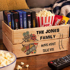 Personalised Family Movie Night Treat Wooden Crate Gift storage crate ukgiftstoreonline