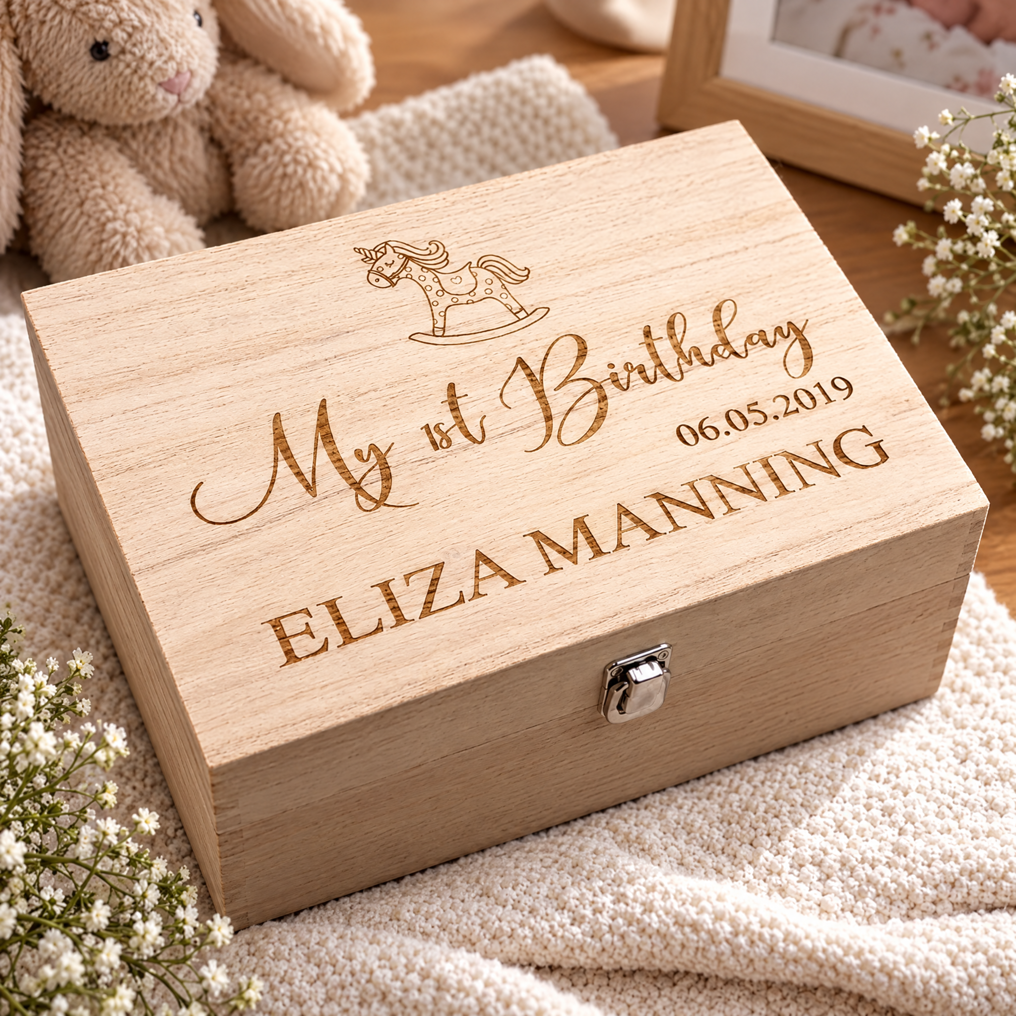 Personalised Large Girl's First Birthday Gift Keepsake Box Engraved Keepsake Memory Box Raised Words